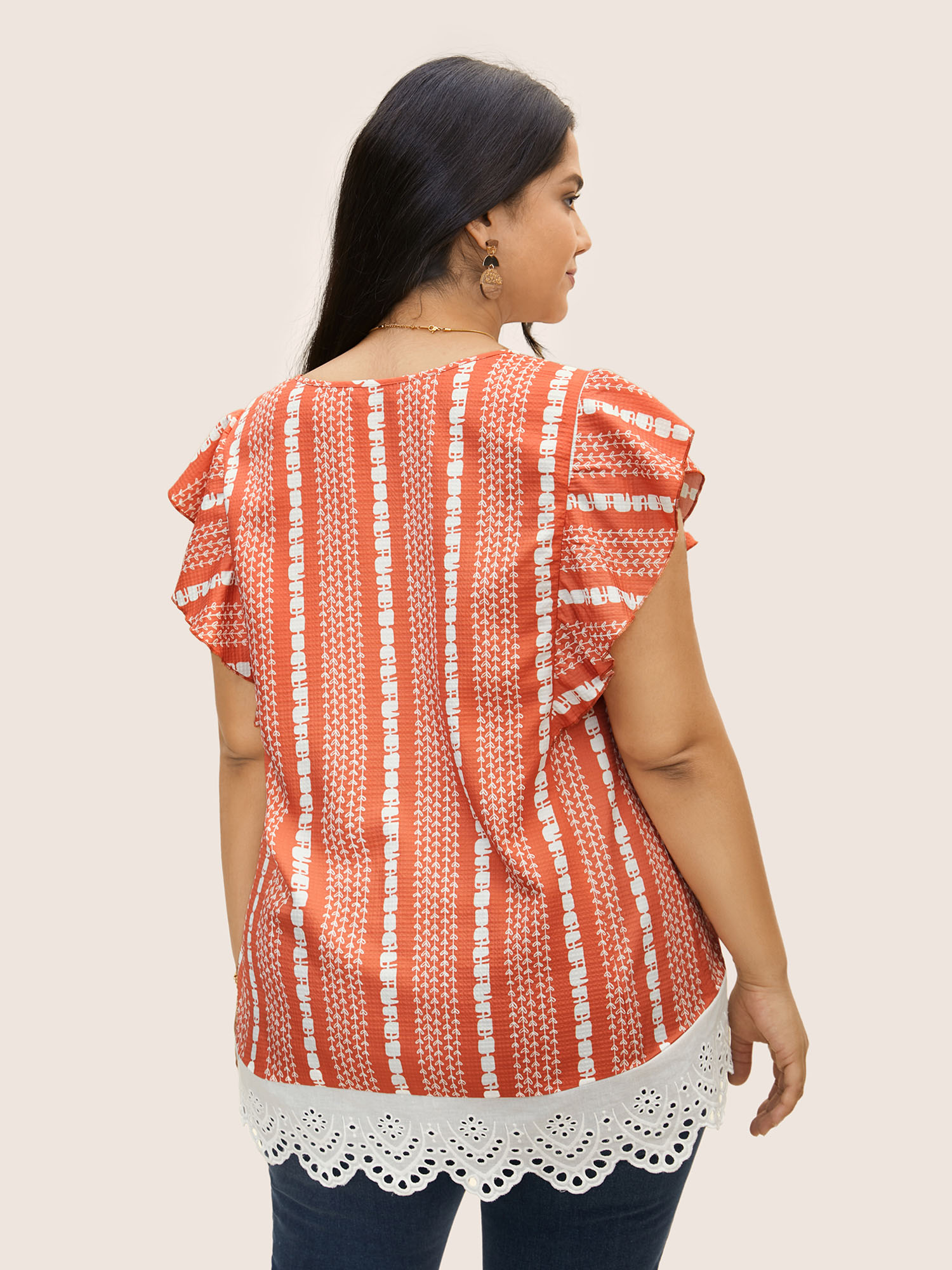 Plus Size Brightorange Boho Print Lace Panel Cap Sleeve Blouse Women Resort Cap Sleeve V-neck Vacation Blouses BloomChic 12/L 