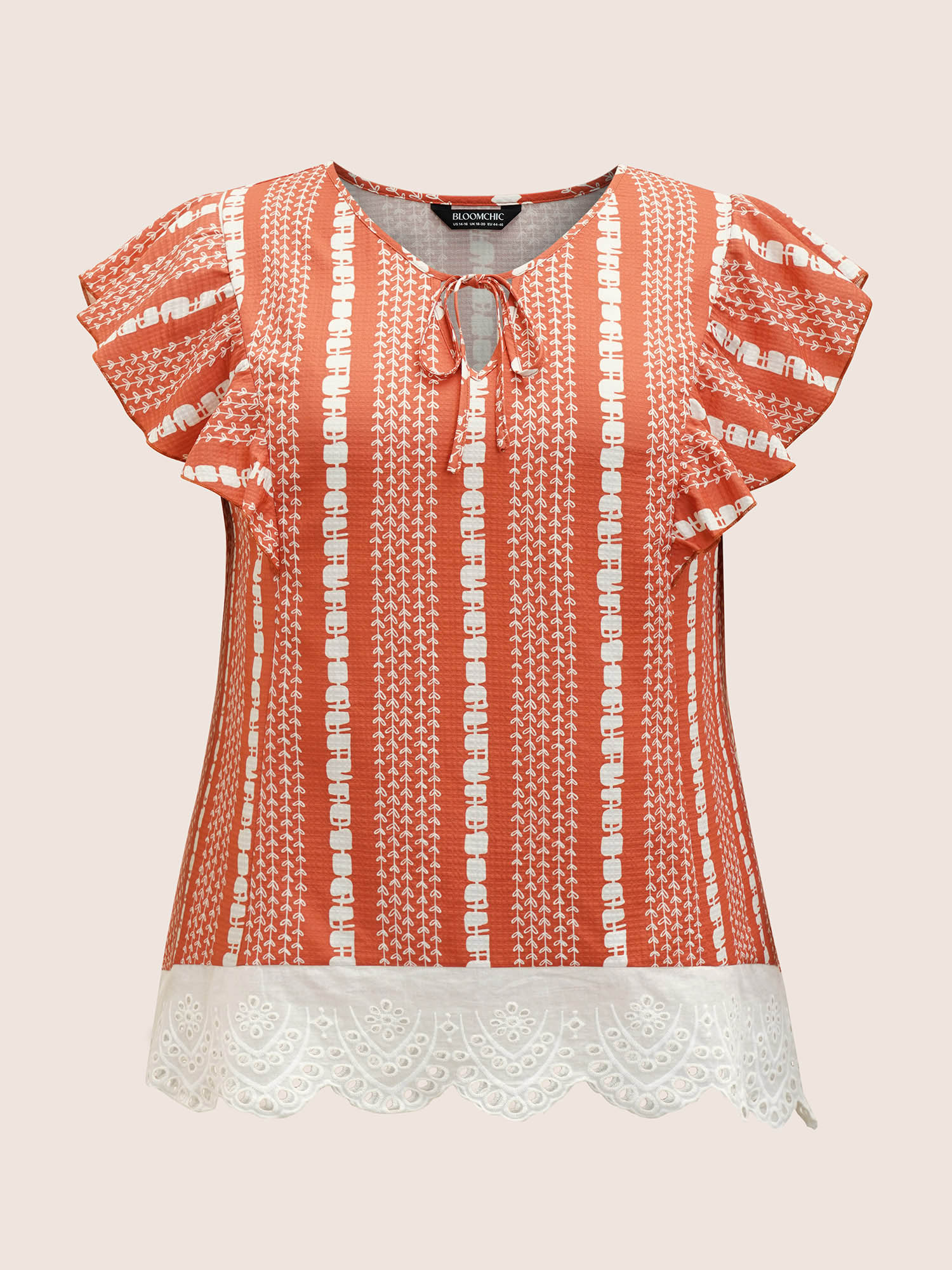 Plus Size Brightorange Boho Print Lace Panel Cap Sleeve Blouse Women Resort Cap Sleeve V-neck Vacation Blouses BloomChic 12/L 