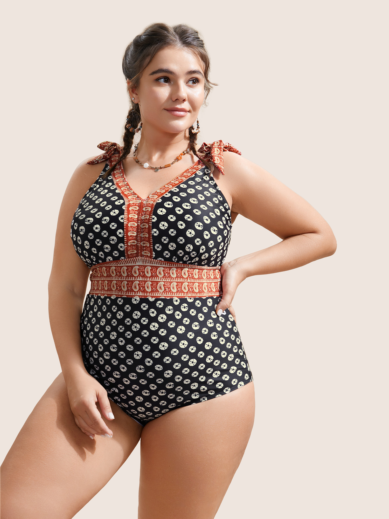 Plus Size Bandana Print Two Tone Knotted One Piece Swimsuit Women`s Swimwear Black Beach Non Curve Bathing Suits No stretch One Pieces BloomChic 22-24/3X 