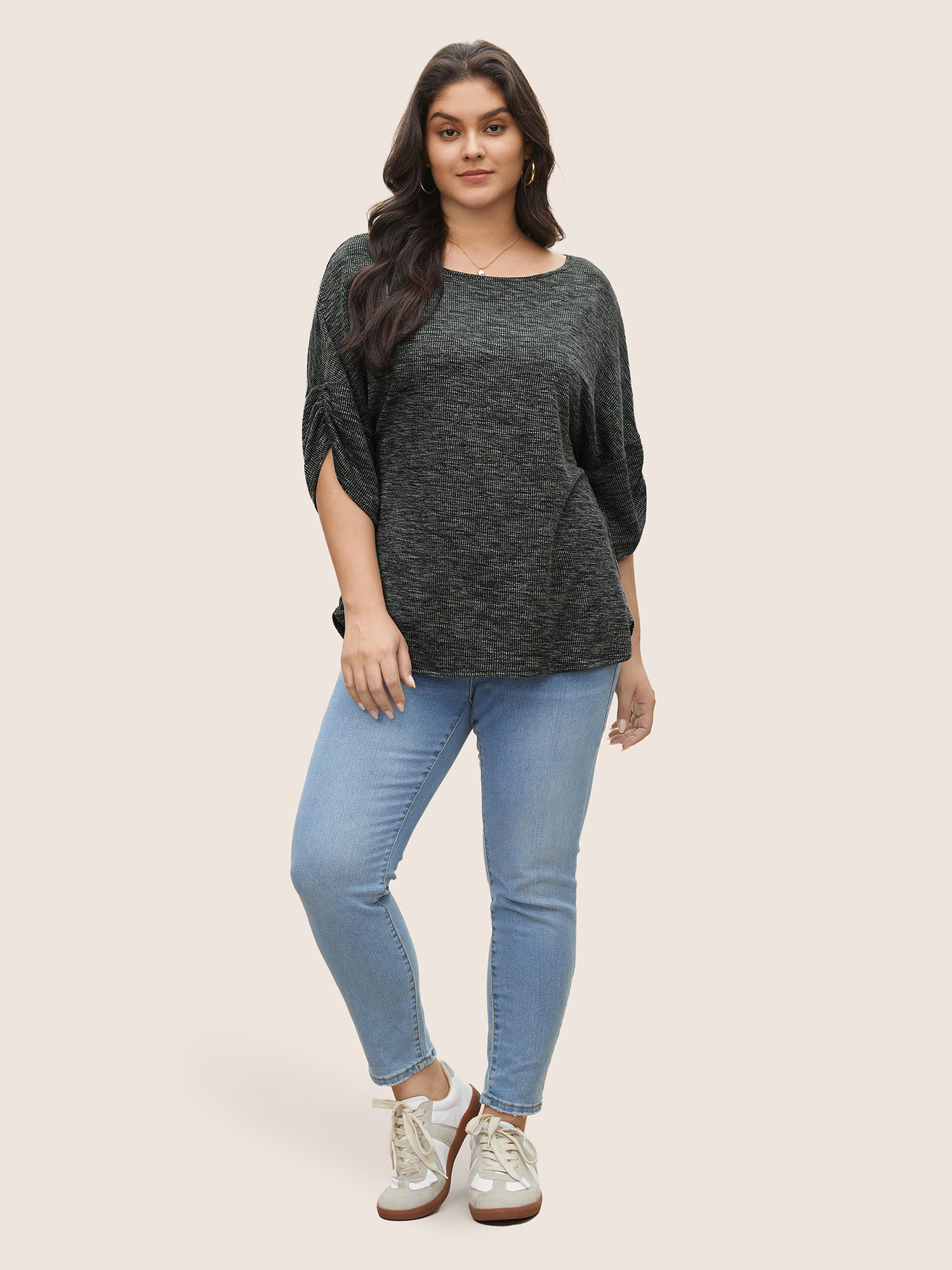 

Plus Size Boat Neck Gathered Dolman Sleeve T-shirt DimGray Women Casual Texture Plain Round Neck Everyday T-shirts BloomChic