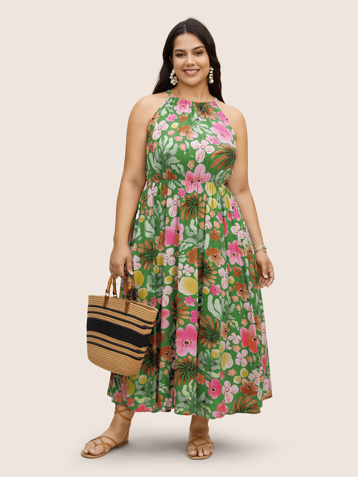 

Plus Size Floral Printed Patchwork Side Seam Pocket Dress Truegreen Women Gathered Non Sleeveless Curvy BloomChic