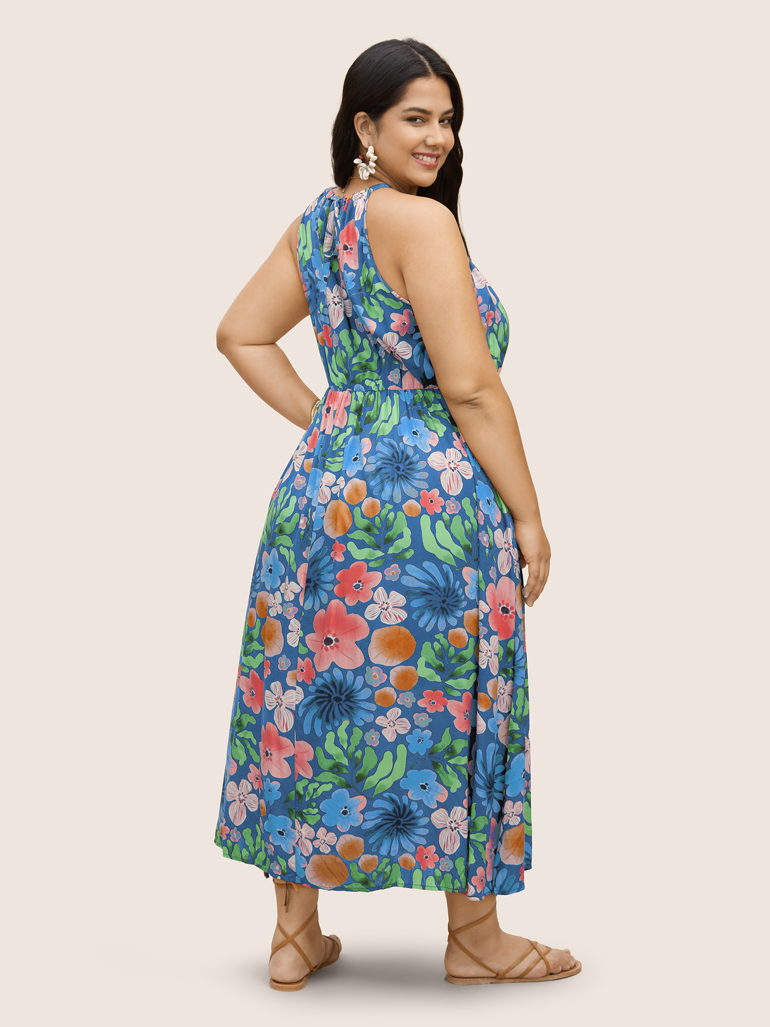 

Plus Size Floral Printed Patchwork Side Seam Pocket Dress Skyblue Women Gathered Non Sleeveless Curvy BloomChic