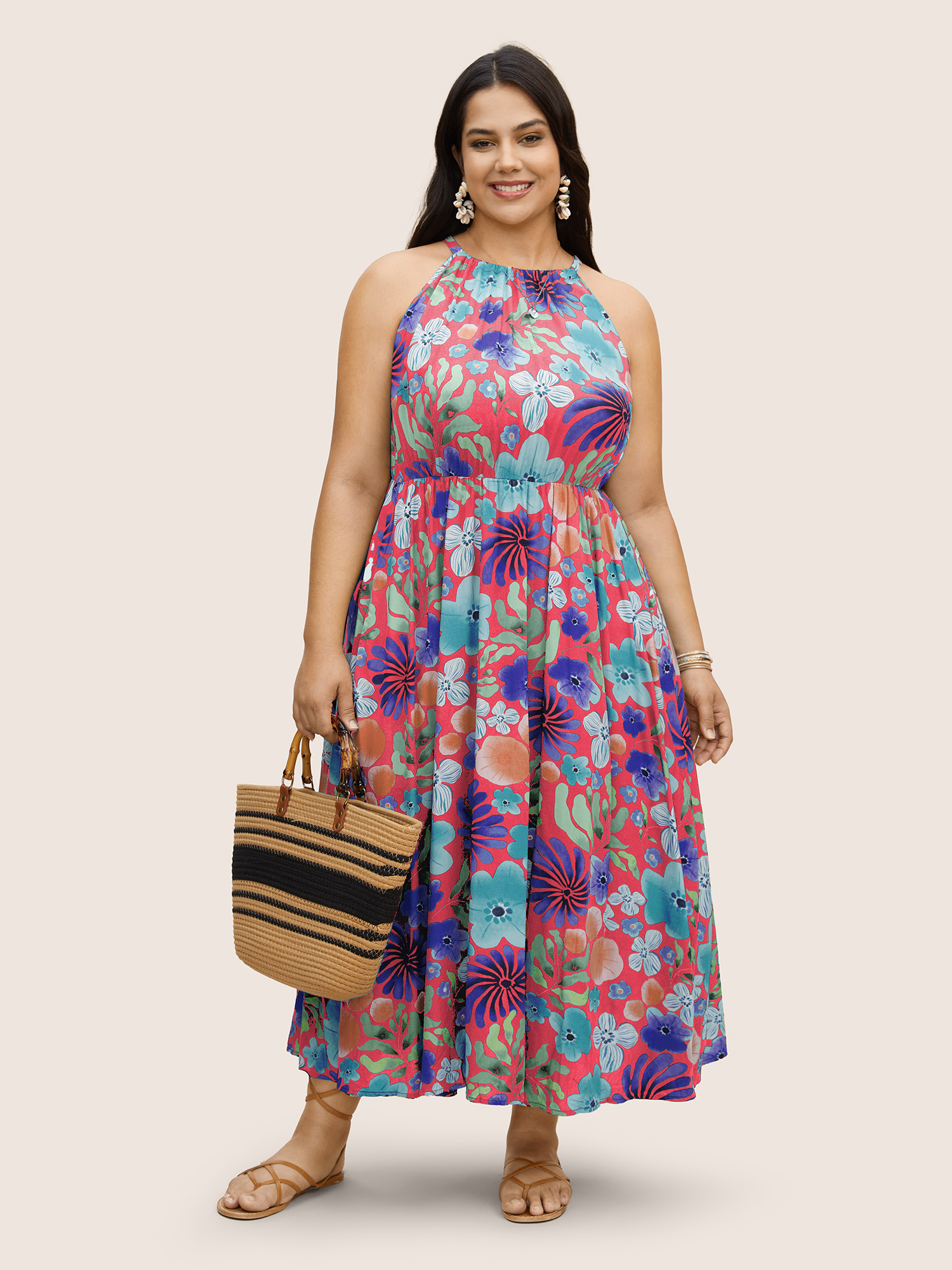 

Plus Size Floral Printed Patchwork Side Seam Pocket Dress Brightred Women Gathered Non Sleeveless Curvy BloomChic