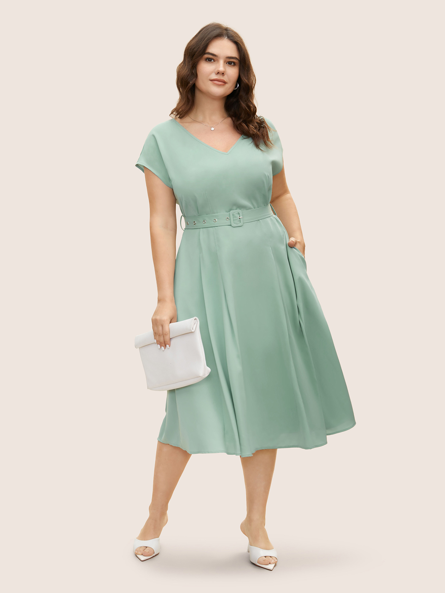 

Plus Size Plain Pleated Belted Cap Sleeve Dress Mint Women Belted V-neck Cap Sleeve Curvy BloomChic