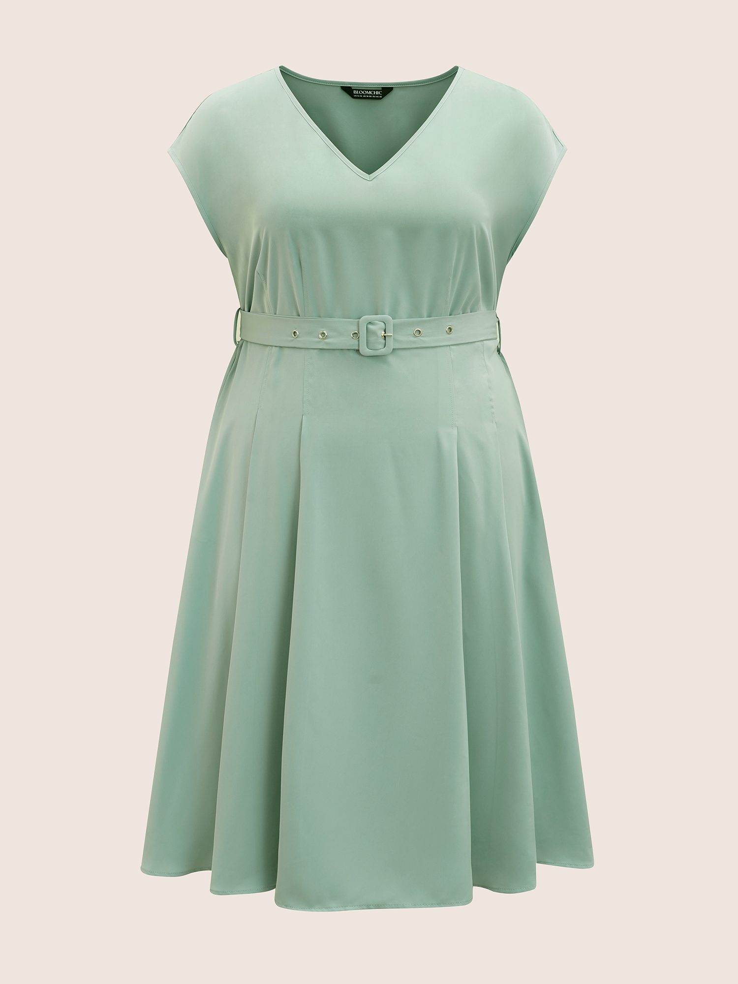 

Plus Size Plain Pleated Belted Cap Sleeve Dress Mint Women Belted V-neck Cap Sleeve Curvy BloomChic