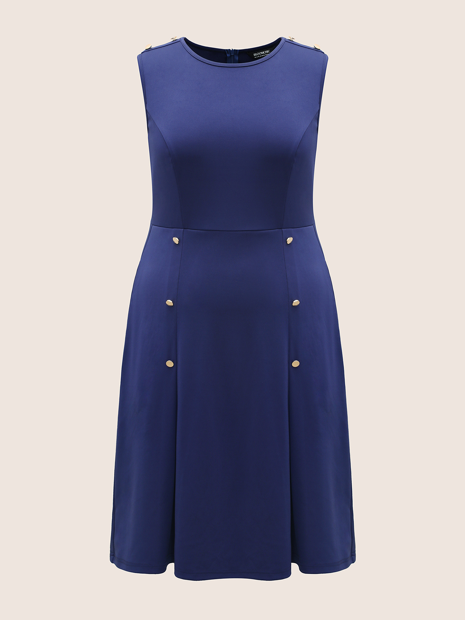 Plus Size Plain Metal Detail Pleated Tank Dress Navy Women At the Office Button Round Neck Sleeveless Curvy BloomChic 26/4X 