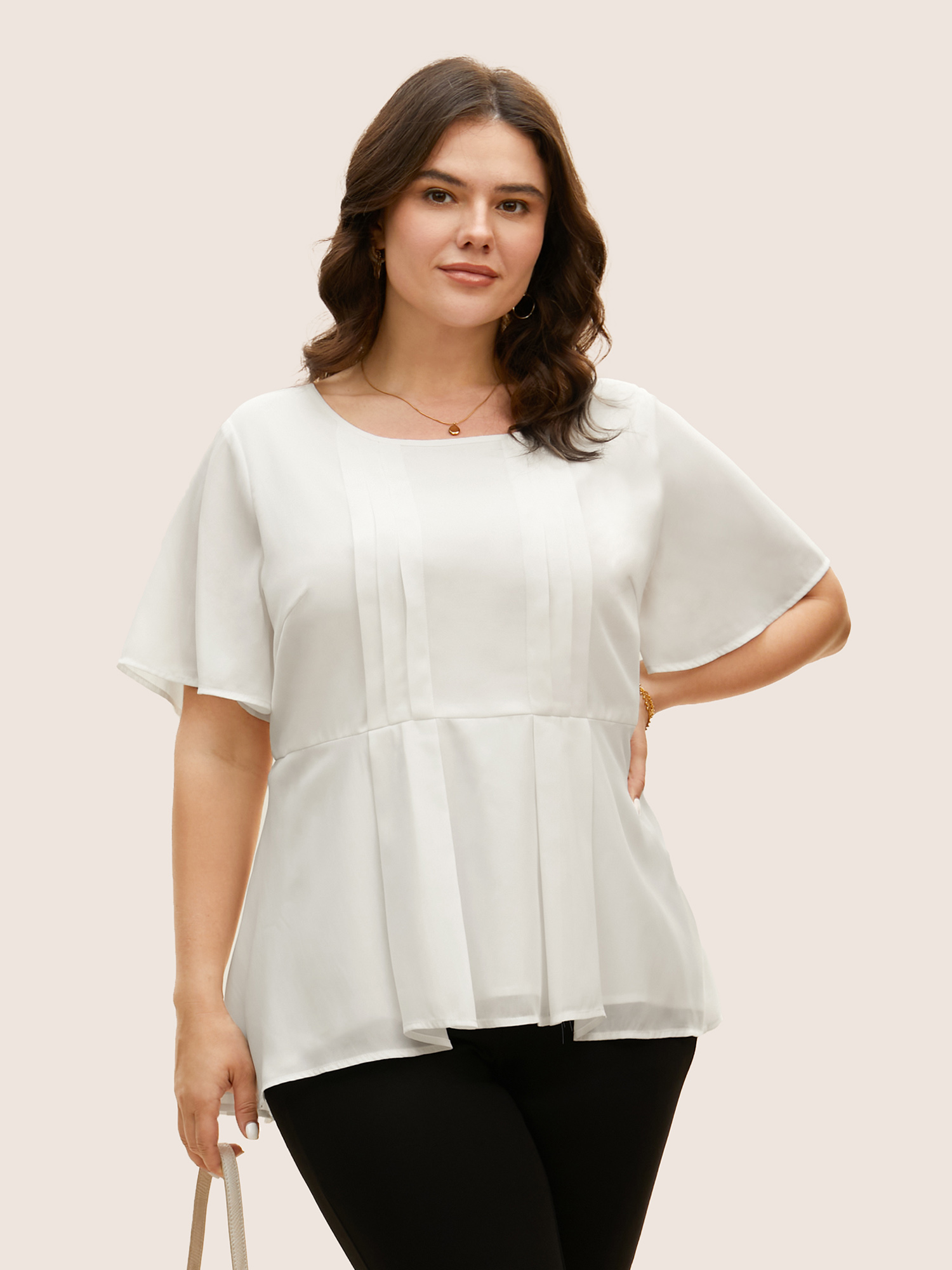 

Plus Size Ivory Tiered Mesh Pleated Ruffle Sleeve Blouse Women At the Office Short sleeve Round Neck Work Blouses BloomChic
