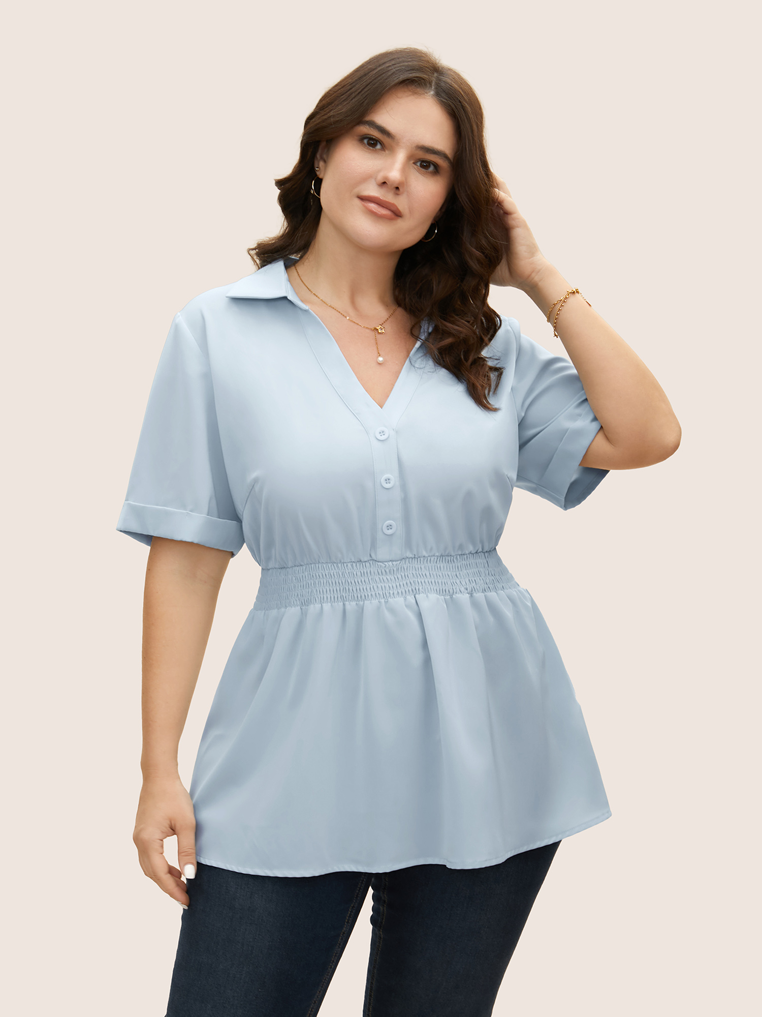 

Plus Size LightBlue Lapel Collar Shirred Button Detail Blouse Women Workwear Essentials Short sleeve Shirt collar Work Blouses BloomChic