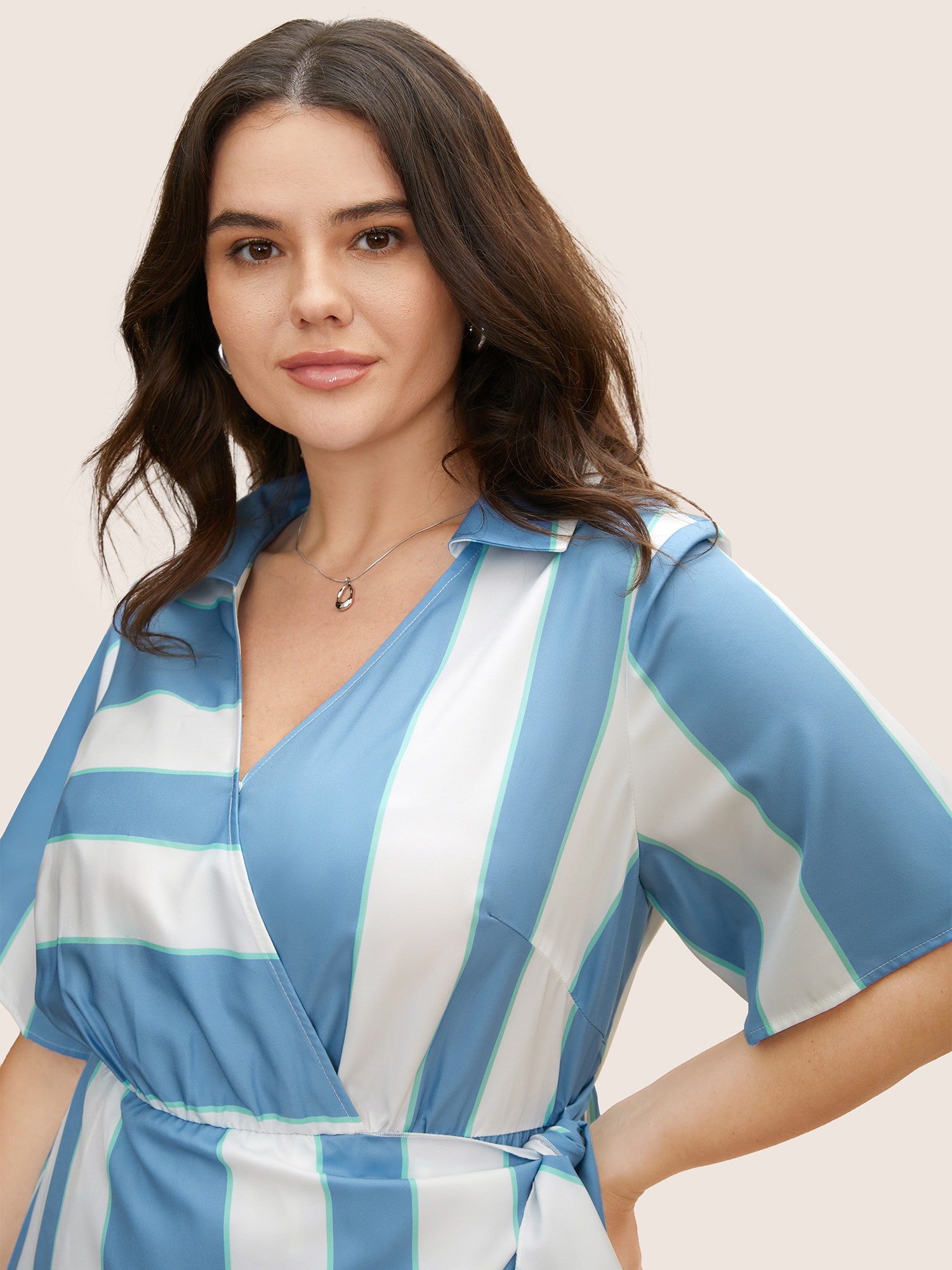 Plus Size Geometric Surplice Neck Tie Knot Midi Dress Stone Women Tie knot Shirt collar Short sleeve Curvy BloomChic 22-24/3X 