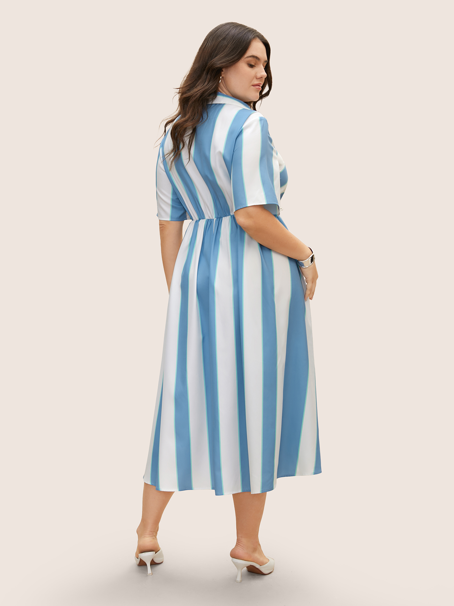Plus Size Geometric Surplice Neck Tie Knot Midi Dress Stone Women Tie knot Shirt collar Short sleeve Curvy BloomChic 22-24/3X 