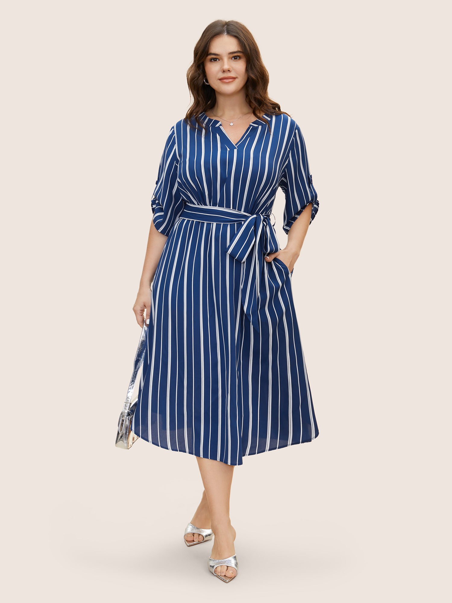 

Plus Size Notched Striped Button Cuff Sleeve Dress Mediumblue Women Belted Flat collar with V-notch Half Sleeve Curvy BloomChic