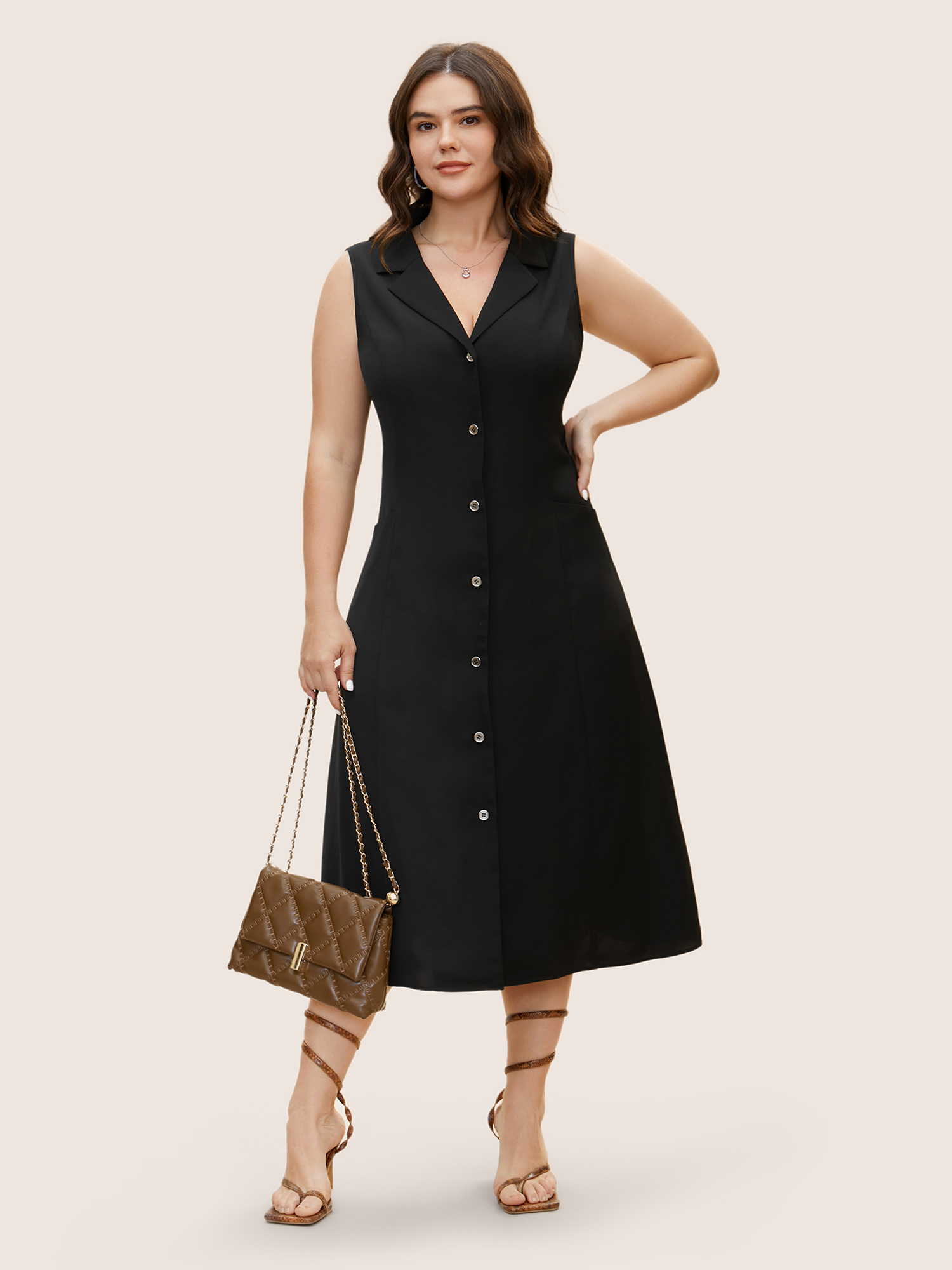 

Plus Size Suit Collar Button Through Sleeveless Midi Dress Black Women Button Suit Collar Sleeveless Curvy BloomChic