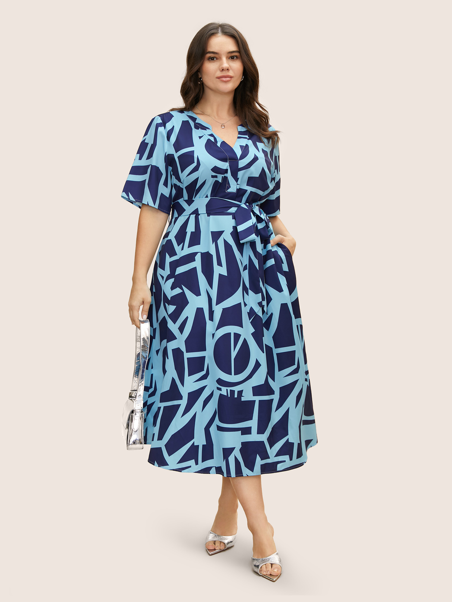 

Plus Size Geometric Notched Belted Pocket Midi Dress Navy Women Belted Flat collar with V-notch Short sleeve Curvy BloomChic