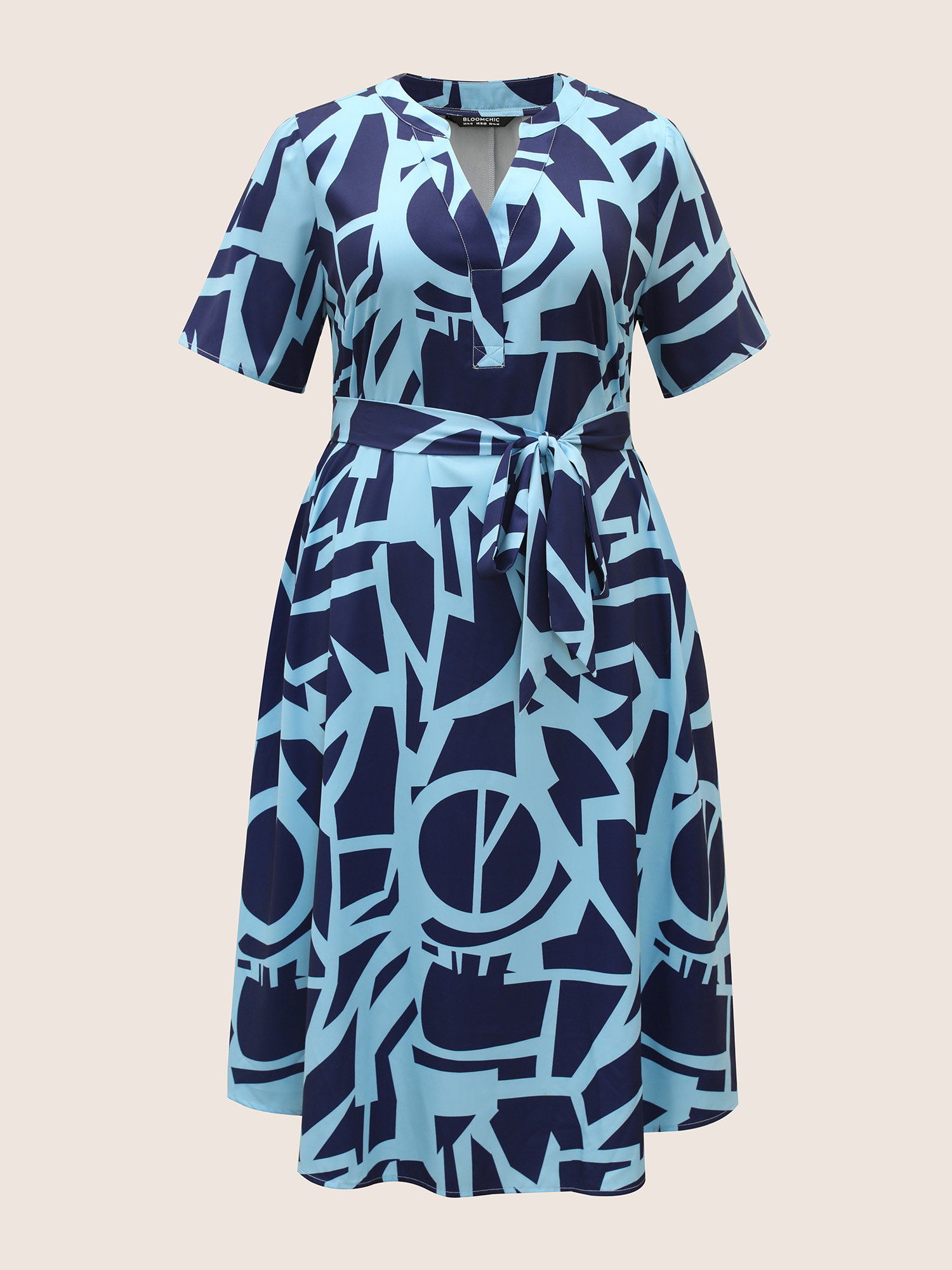

Plus Size Geometric Notched Belted Pocket Midi Dress Navy Women Belted Flat collar with V-notch Short sleeve Curvy BloomChic