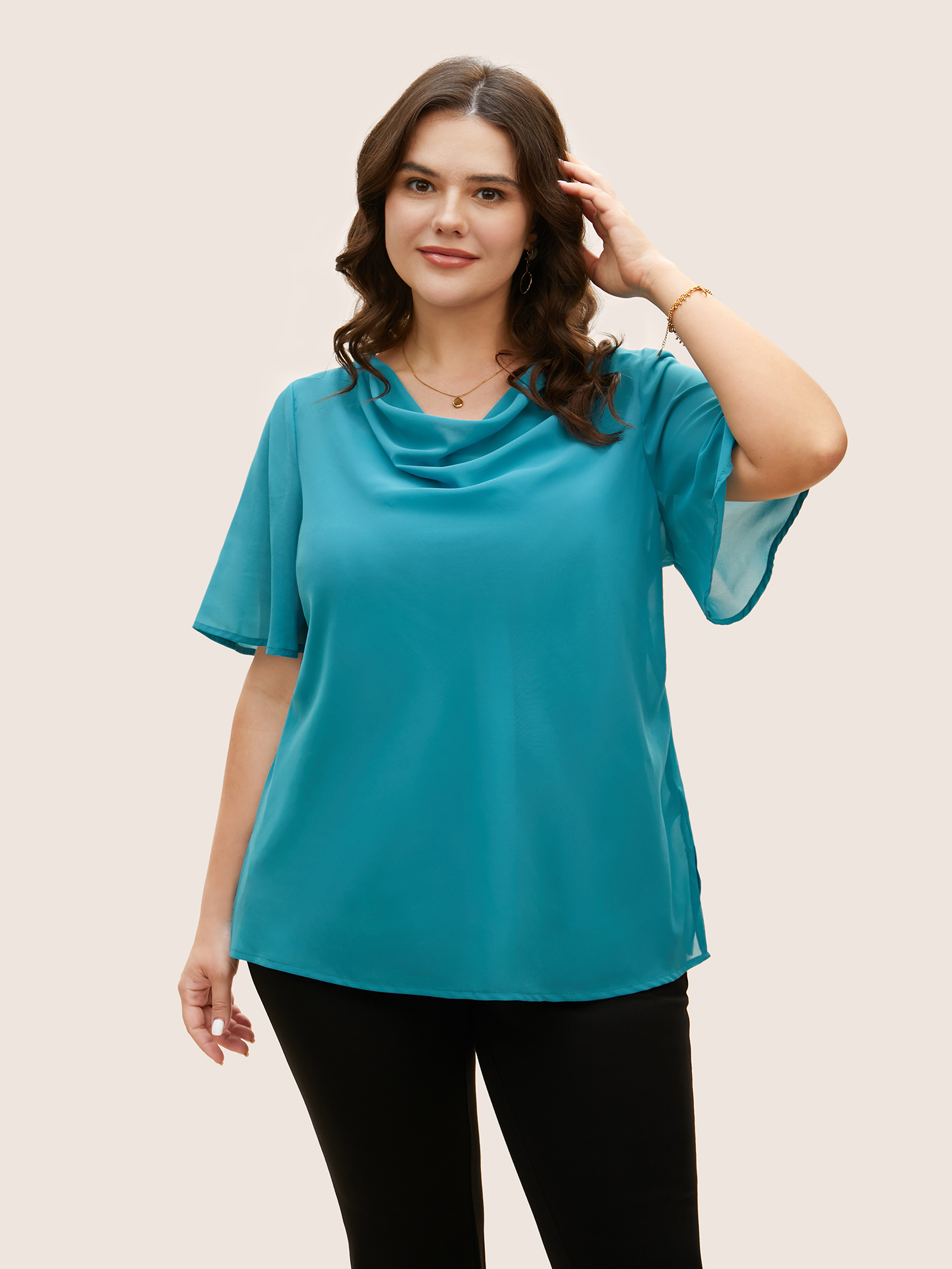 

Plus Size Cerulean Cowl Neck Chiffon Mesh Flutter Sleeve Blouse Women Work From Home Half Sleeve Cowl Neck Work Blouses BloomChic