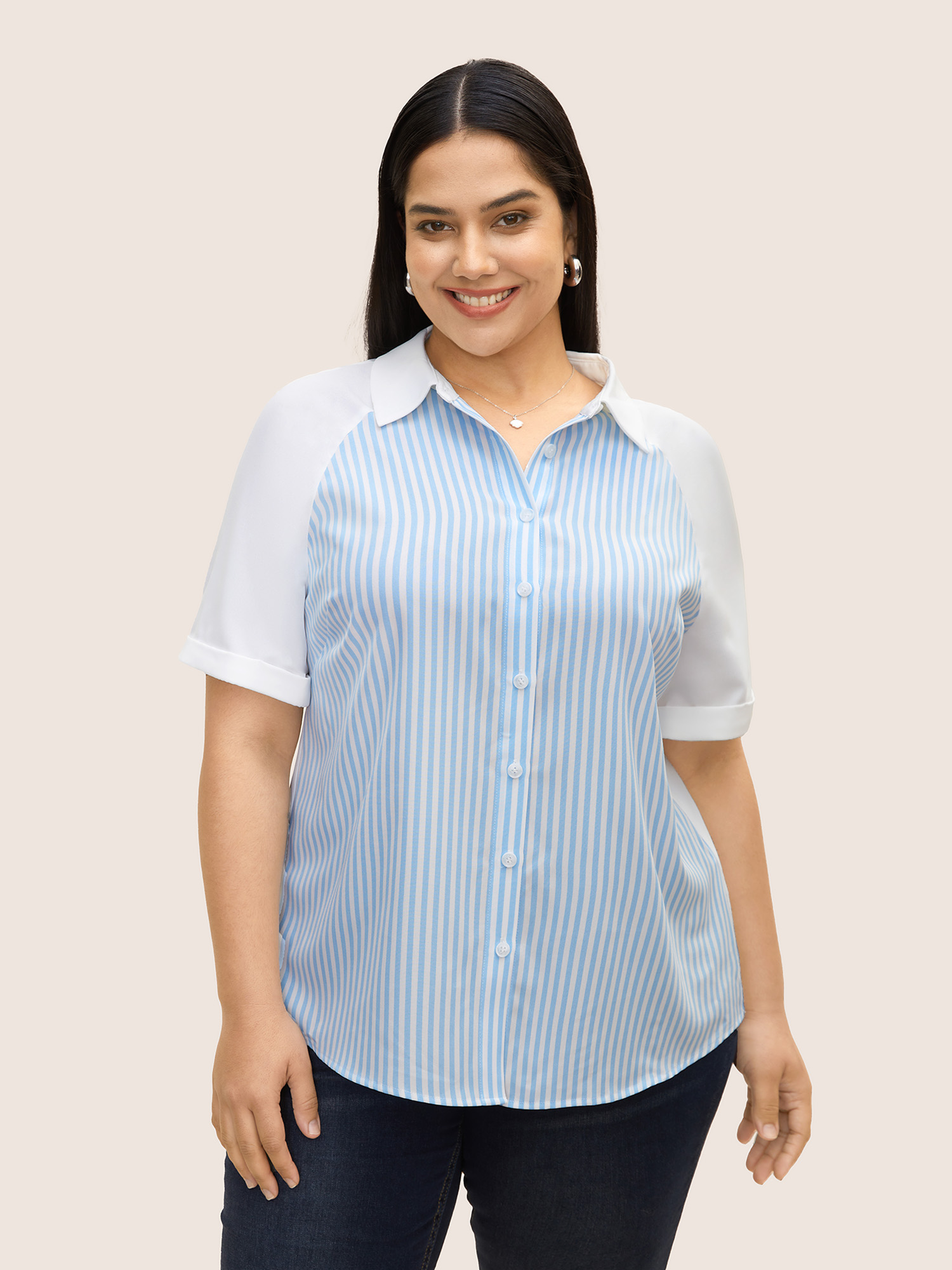 

Plus Size LightBlue Shirt Collar Striped Patchwork Cuffed Sleeve Blouse Women At the Office Short sleeve Shirt collar Work Blouses BloomChic