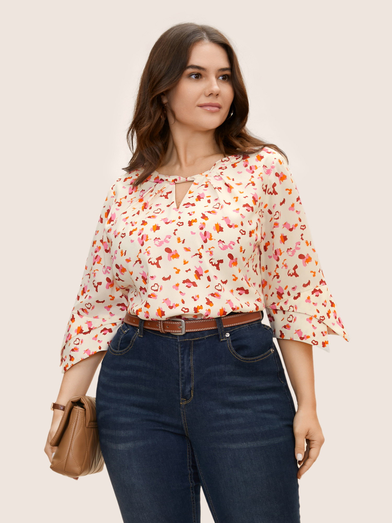 

Plus Size Multicolor Allover Print Ruffle Sleeve Keyhole Blouse Women At the Office Elbow-length sleeve Round Neck Work Blouses BloomChic