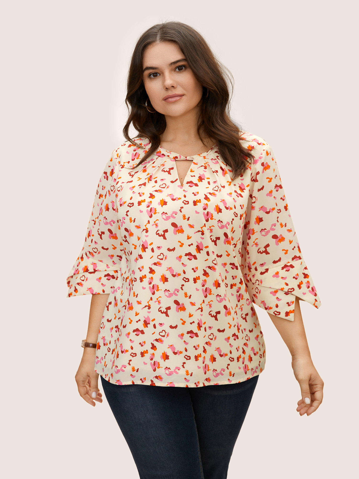 

Plus Size Multicolor Allover Print Ruffle Sleeve Keyhole Blouse Women At the Office Elbow-length sleeve Round Neck Work Blouses BloomChic