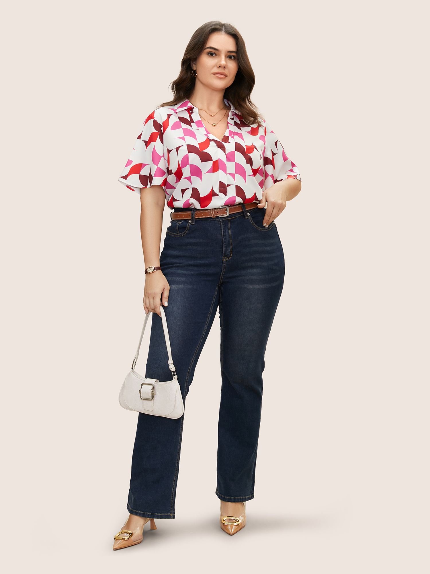 Plus Size Multicolor Contrast Geometric Shirt Collar Flutter Sleeve Blouse Women At the Office Short sleeve Shirt collar Work Blouses BloomChic 14-16/1X 