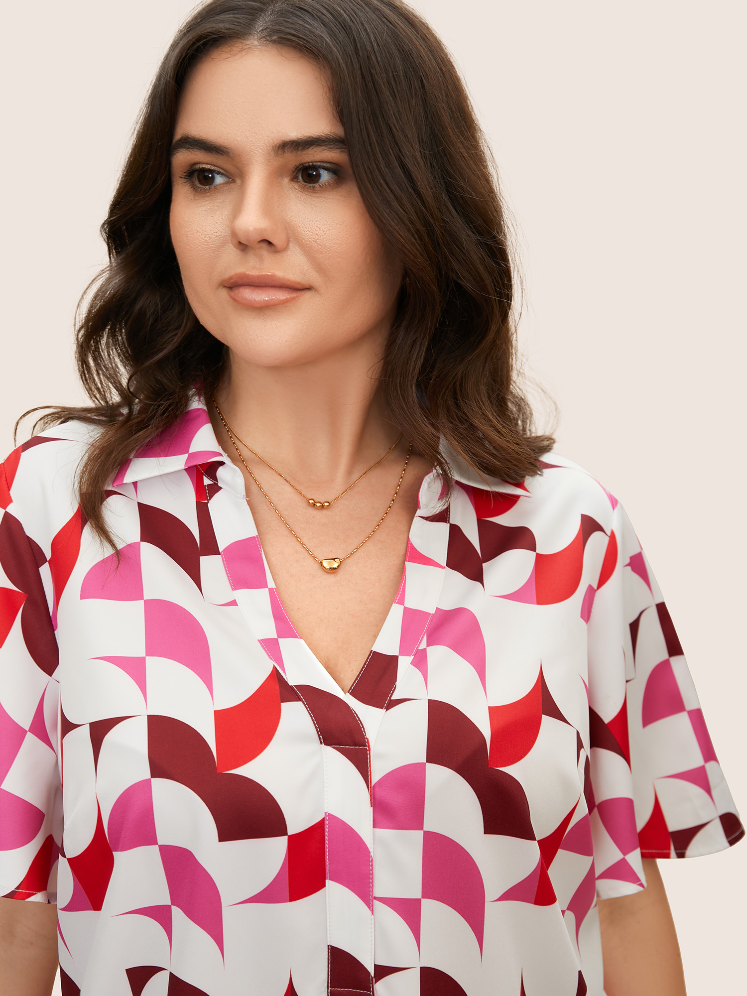 Plus Size Multicolor Contrast Geometric Shirt Collar Flutter Sleeve Blouse Women At the Office Short sleeve Shirt collar Work Blouses BloomChic 14-16/1X 