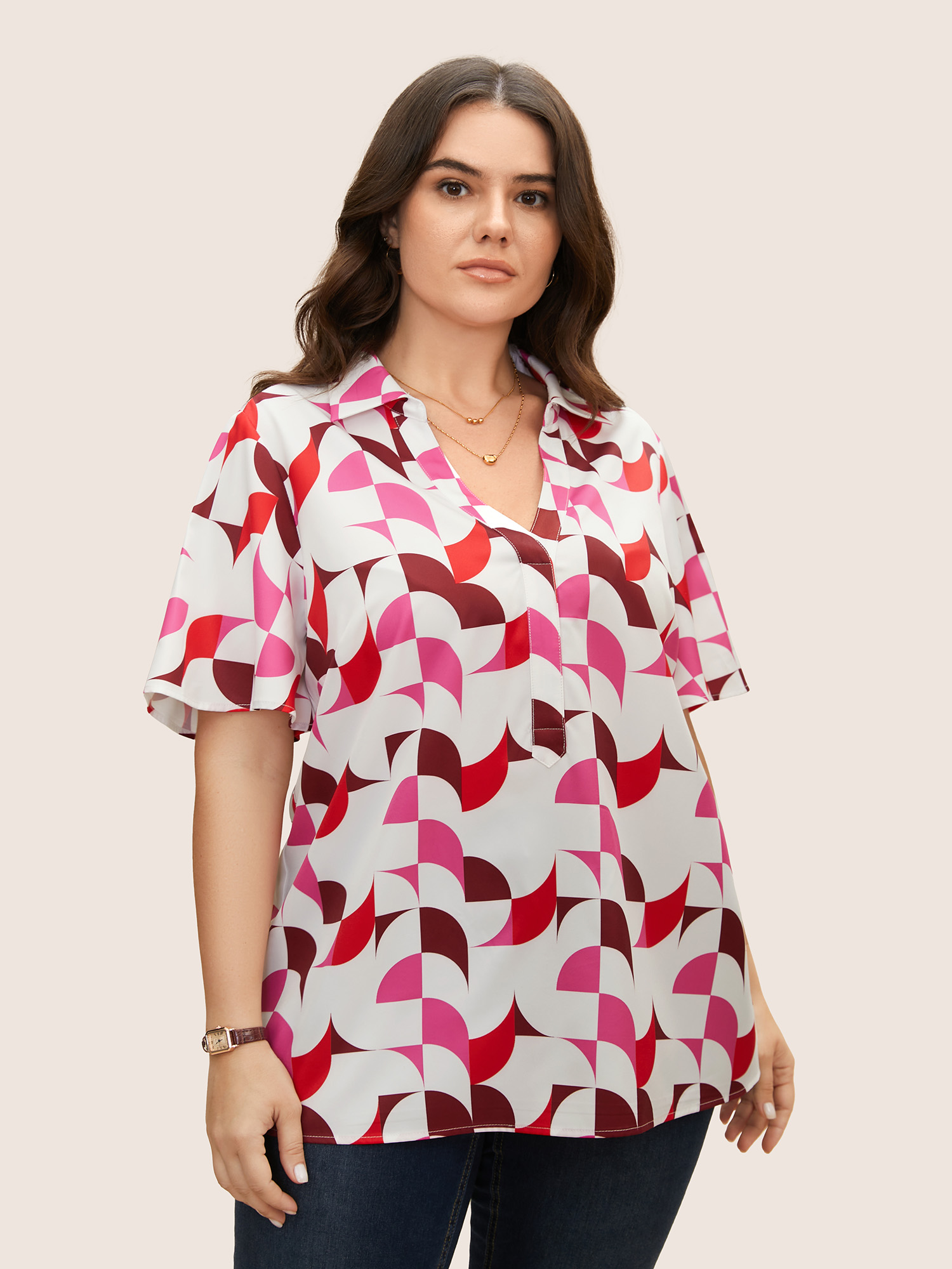 Plus Size Multicolor Contrast Geometric Shirt Collar Flutter Sleeve Blouse Women At the Office Short sleeve Shirt collar Work Blouses BloomChic 14-16/1X 