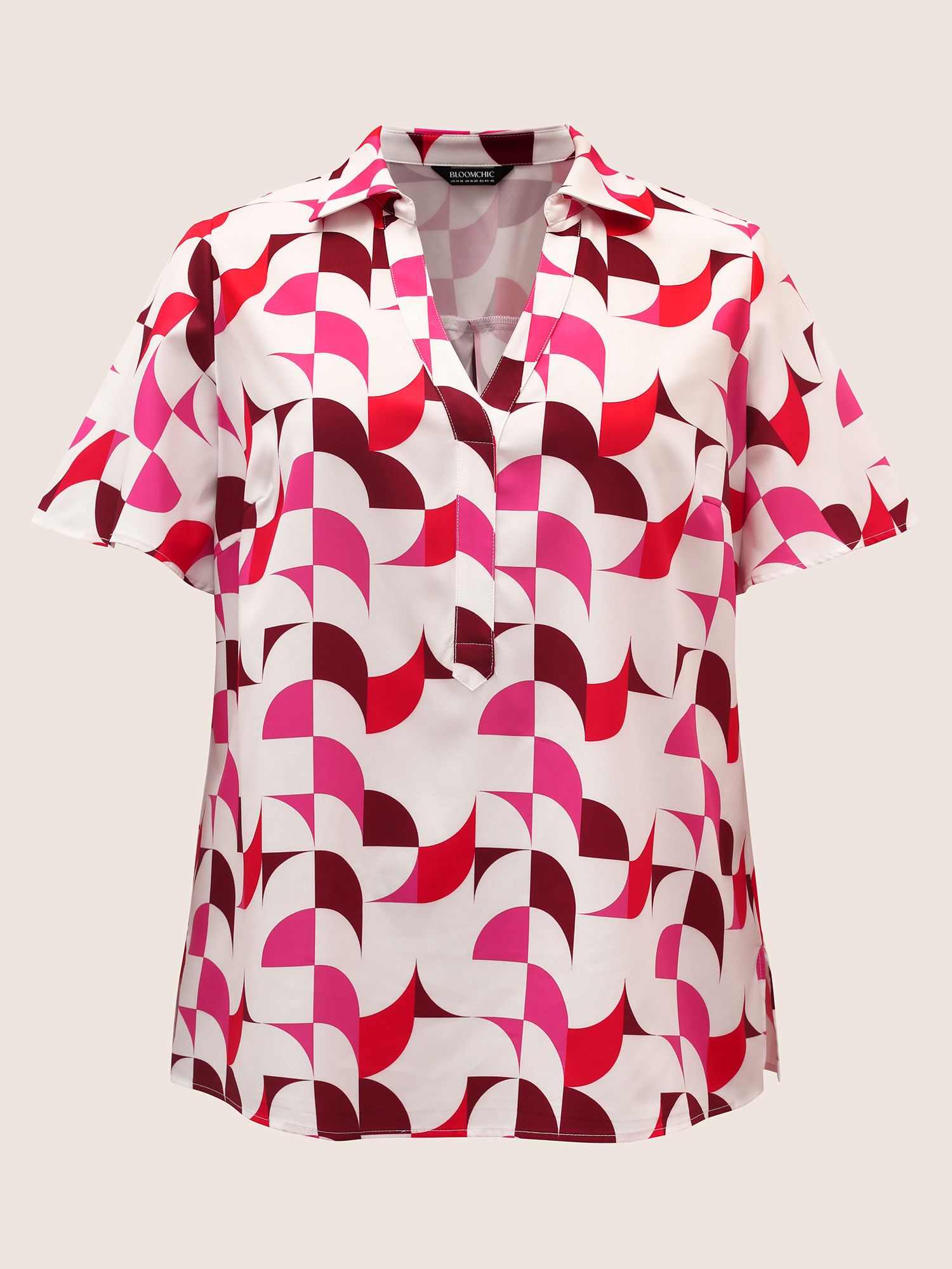 Plus Size Multicolor Contrast Geometric Shirt Collar Flutter Sleeve Blouse Women At the Office Short sleeve Shirt collar Work Blouses BloomChic 14-16/1X 