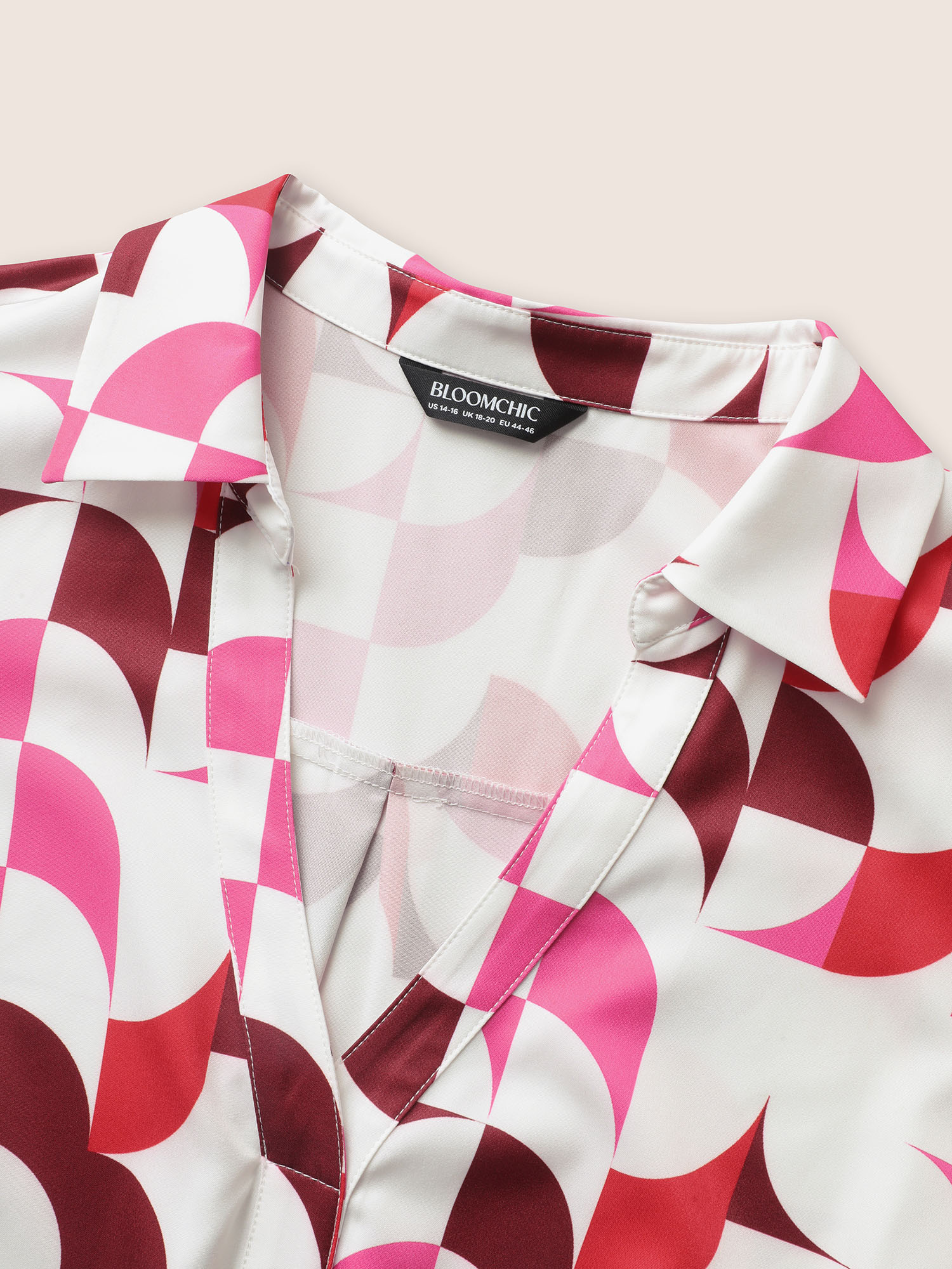 Plus Size Multicolor Contrast Geometric Shirt Collar Flutter Sleeve Blouse Women At the Office Short sleeve Shirt collar Work Blouses BloomChic 14-16/1X 