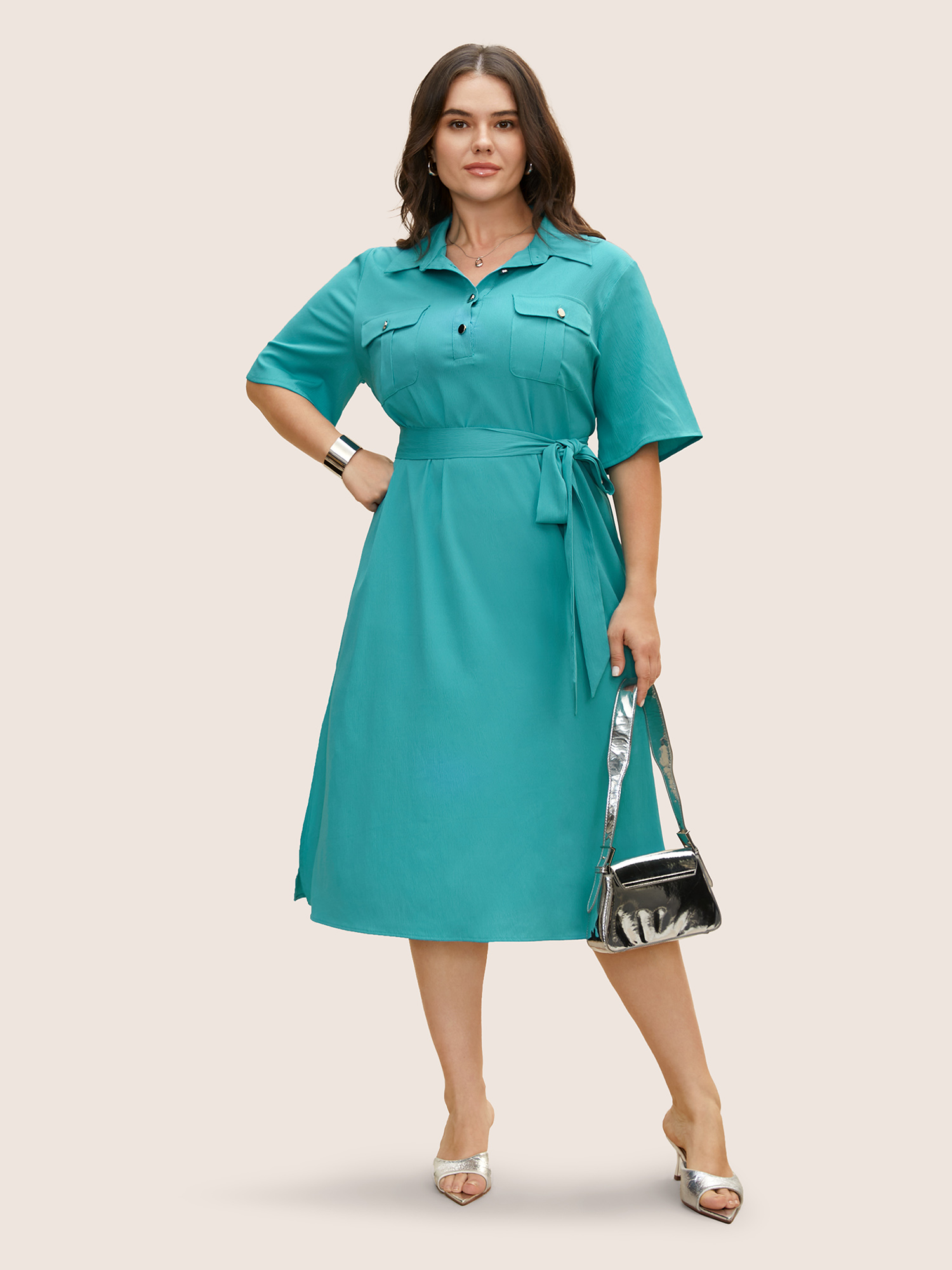 Plus Size Shirt Collar Solid Flap Pocket Split Hem Dress Turquoise Women Belted Shirt collar Half Sleeve Curvy BloomChic 22-24/3X 
