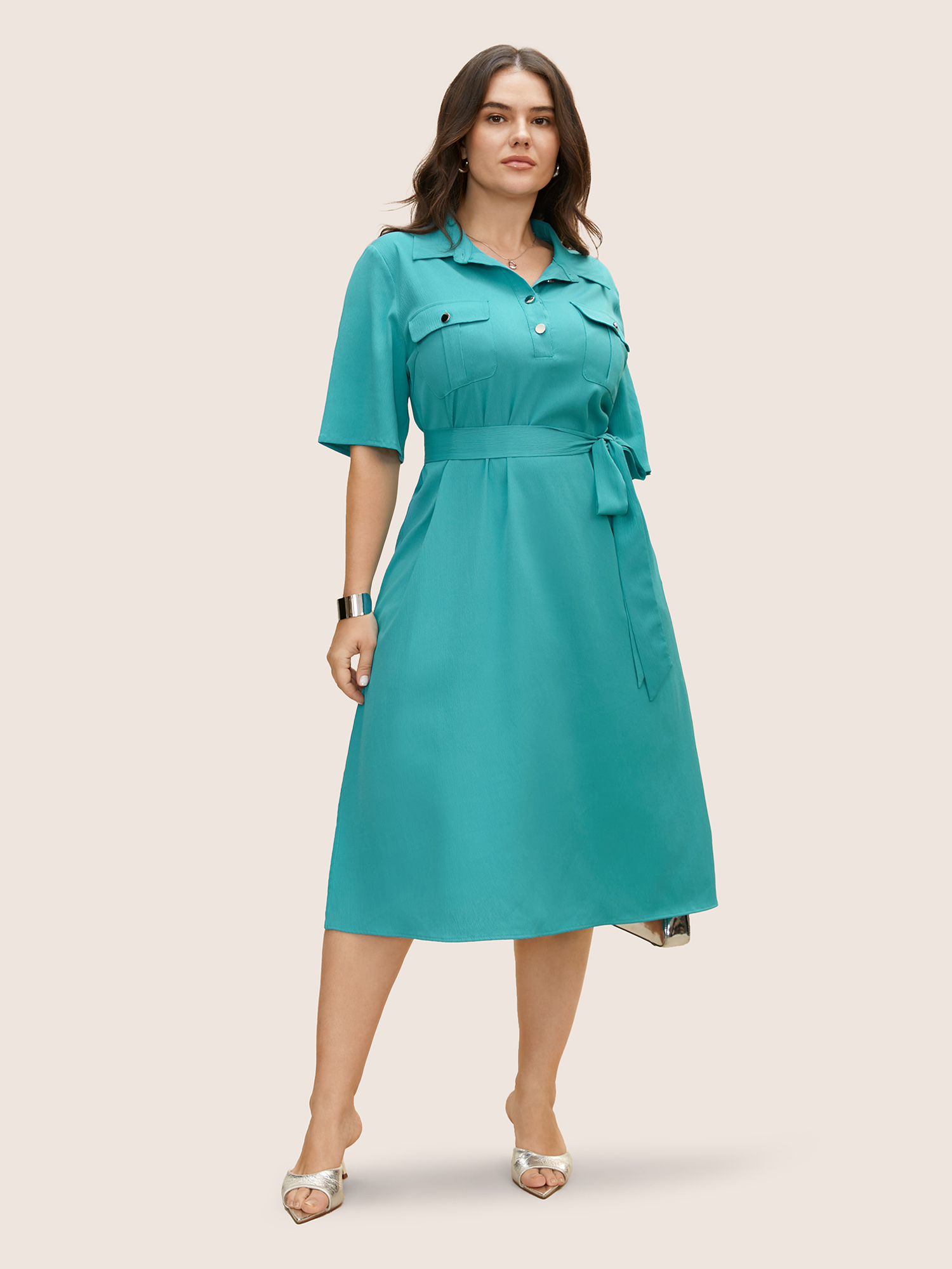 Plus Size Shirt Collar Solid Flap Pocket Split Hem Dress Turquoise Women Belted Shirt collar Half Sleeve Curvy BloomChic 22-24/3X 