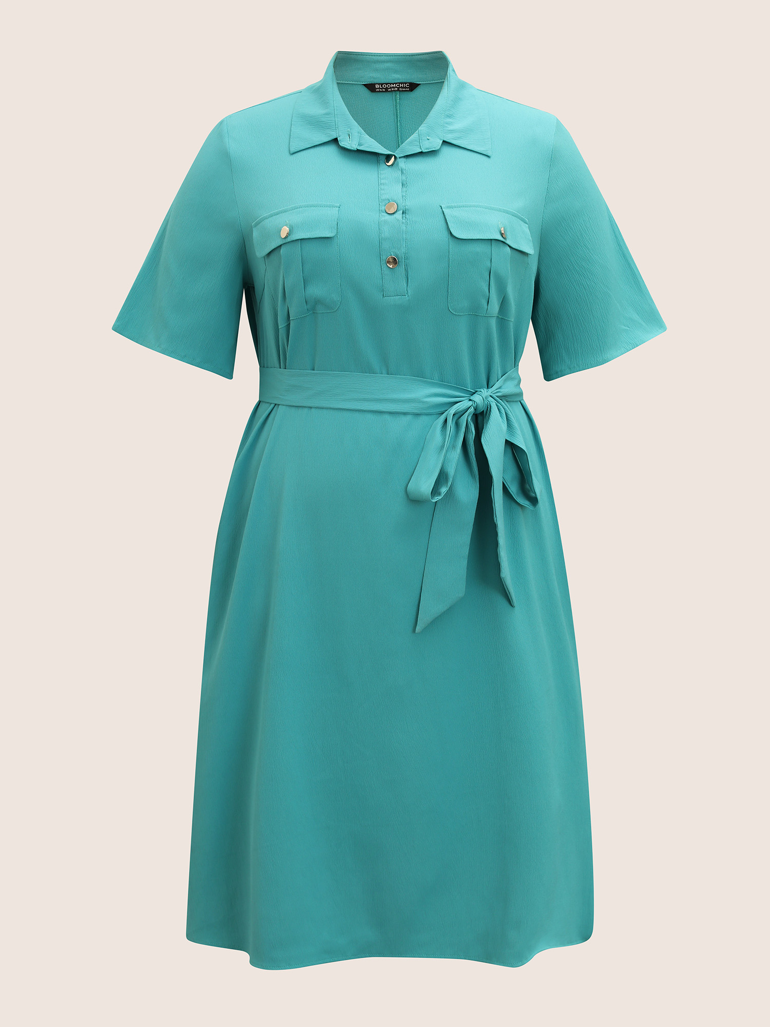 Plus Size Shirt Collar Solid Flap Pocket Split Hem Dress Turquoise Women Belted Shirt collar Half Sleeve Curvy BloomChic 22-24/3X 