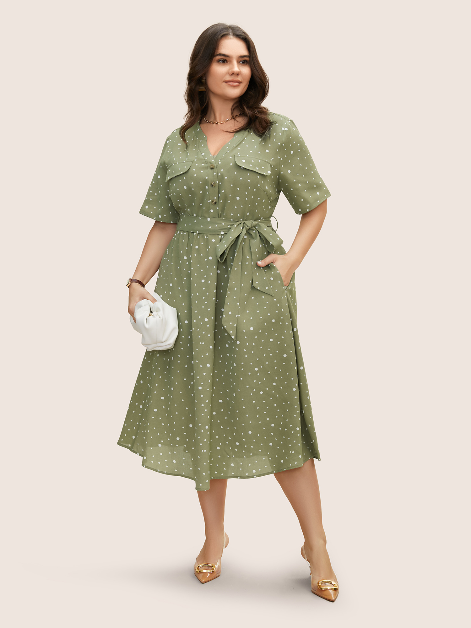 

Plus Size Notched Collar Polka Dot Button Up Dress Sage Women Belted Notched collar Short sleeve Curvy BloomChic