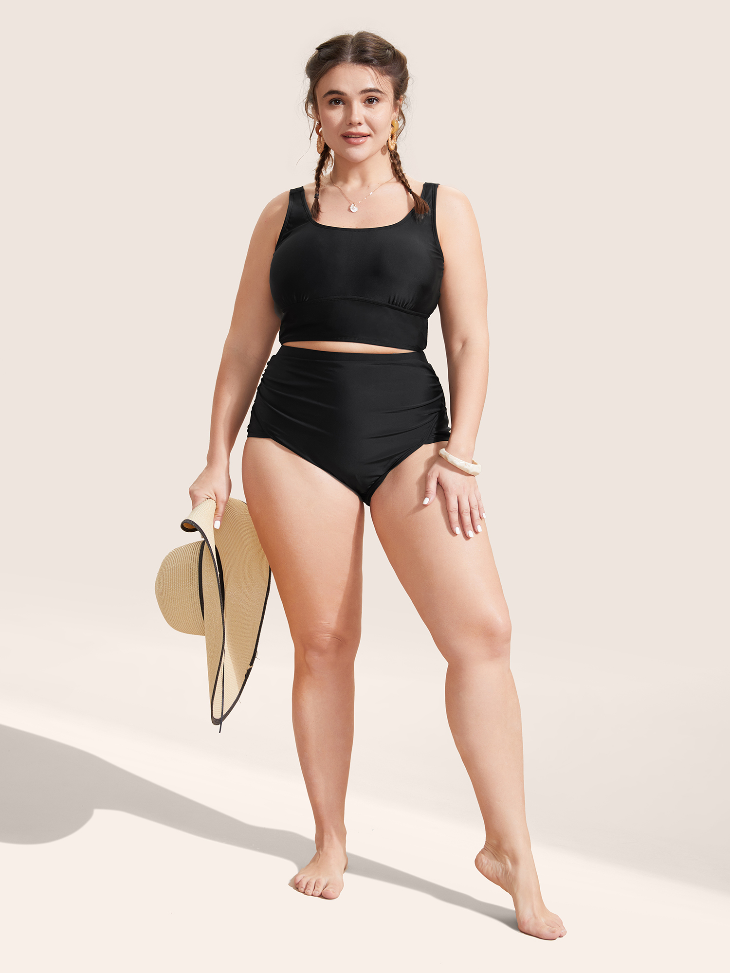 Plus Size Solid Square Neck Adjustable Straps Swim Top Women`s Swimwear Black Beach High stretch Skinny U-neck Curve Swim Tops BloomChic 12/L 