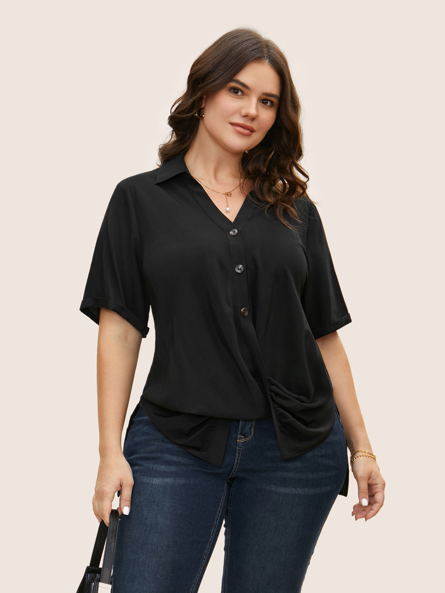 

Plus Size Black Shirt Collar Twist Front Button Up Blouse Women At the Office Short sleeve Shirt collar Work Blouses BloomChic