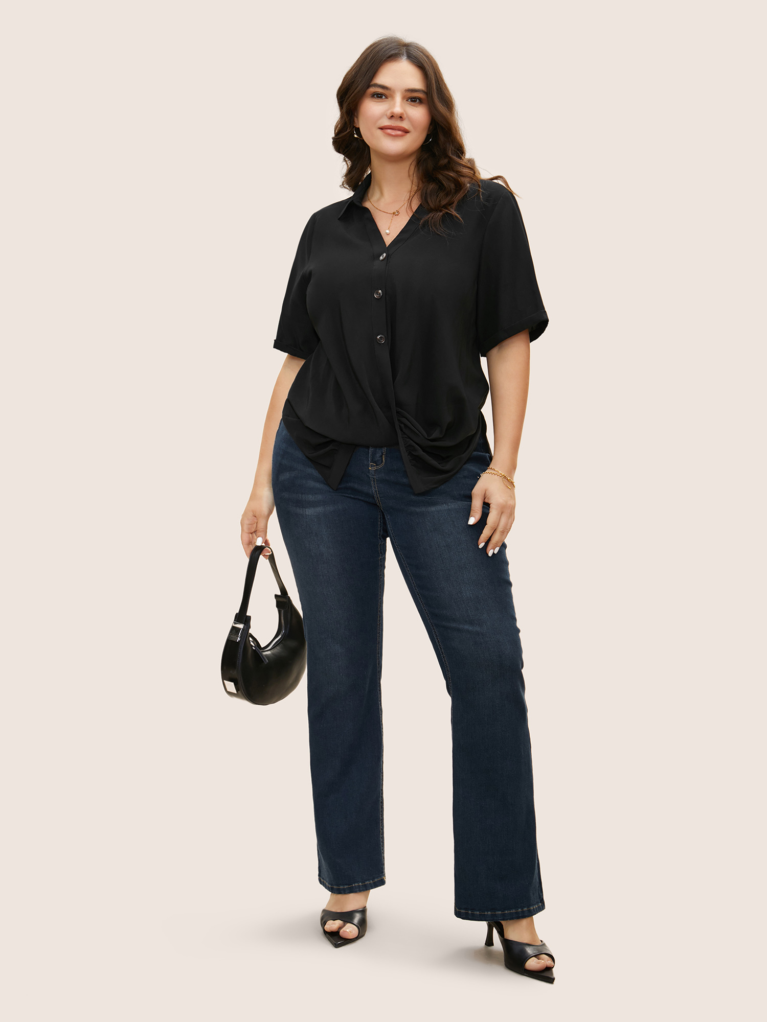 

Plus Size Black Shirt Collar Twist Front Button Up Blouse Women At the Office Short sleeve Shirt collar Work Blouses BloomChic