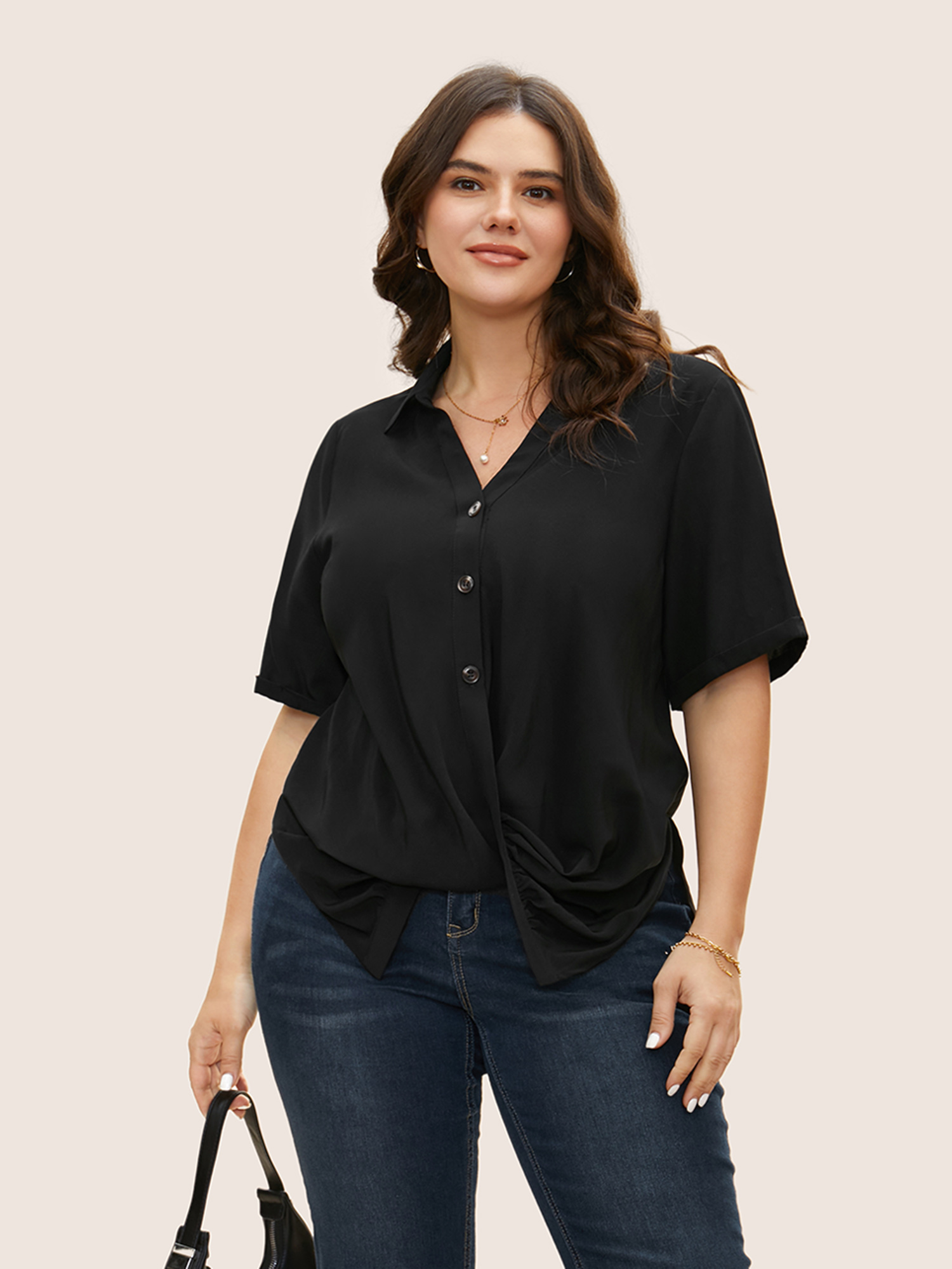 Plus Size Black Shirt Collar Twist Front Button Up Blouse Women At the Office Short sleeve Shirt collar Work Blouses BloomChic 14-16/1X 