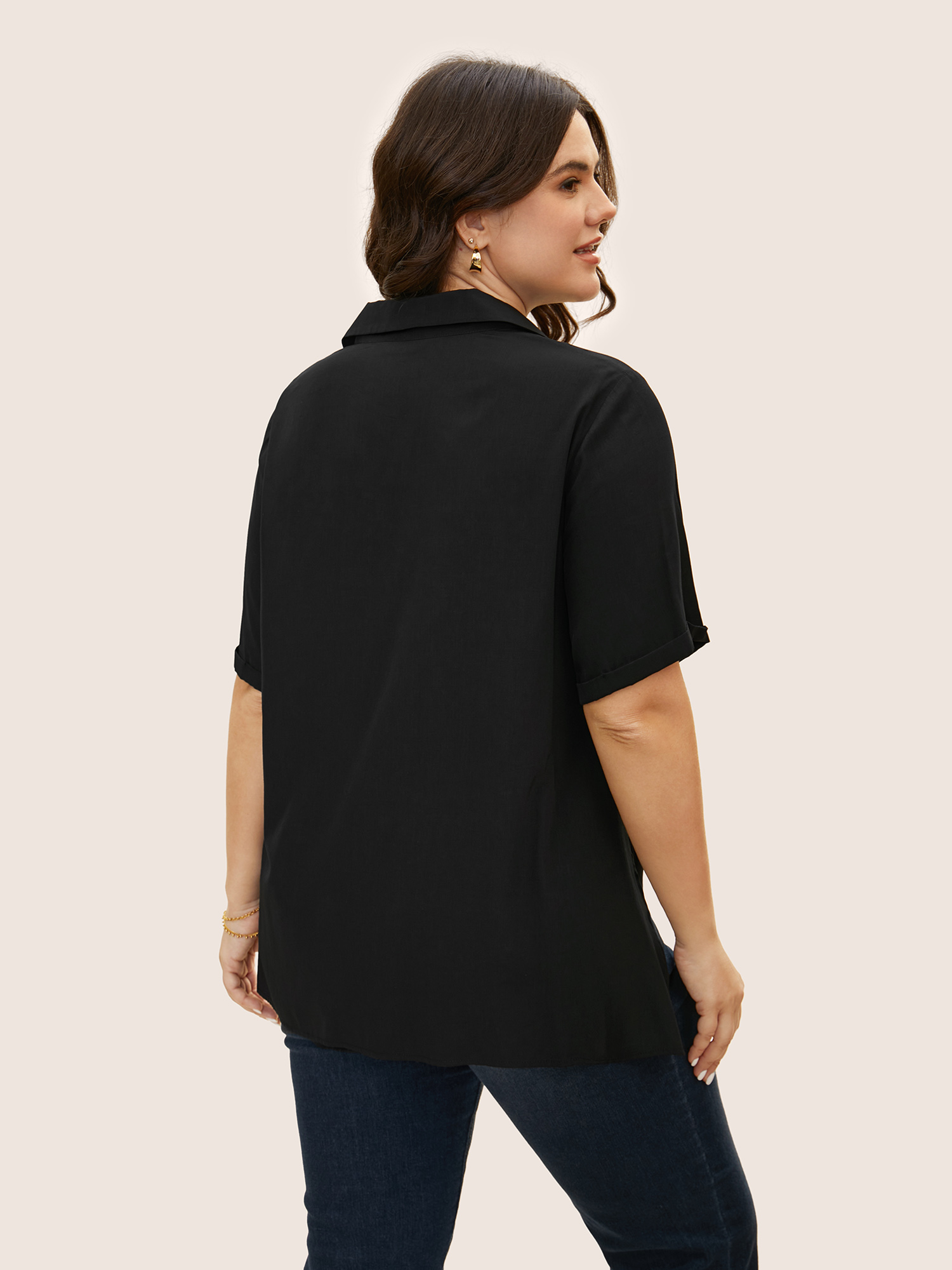 Plus Size Black Shirt Collar Twist Front Button Up Blouse Women At the Office Short sleeve Shirt collar Work Blouses BloomChic 14-16/1X 