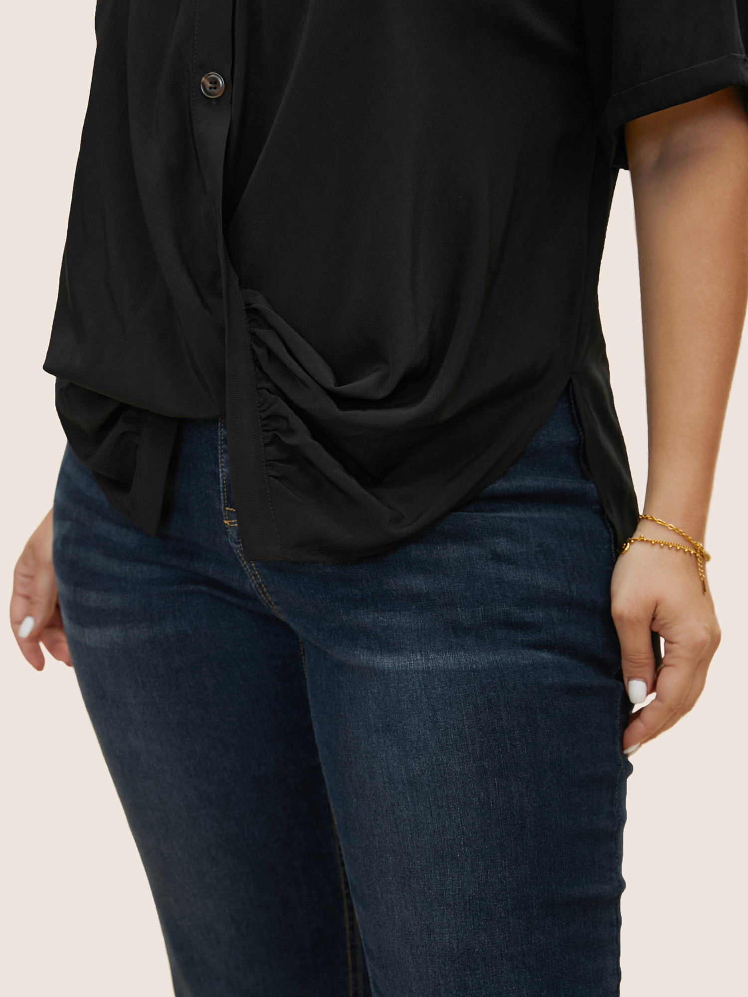 Plus Size Black Shirt Collar Twist Front Button Up Blouse Women At the Office Short sleeve Shirt collar Work Blouses BloomChic 14-16/1X 