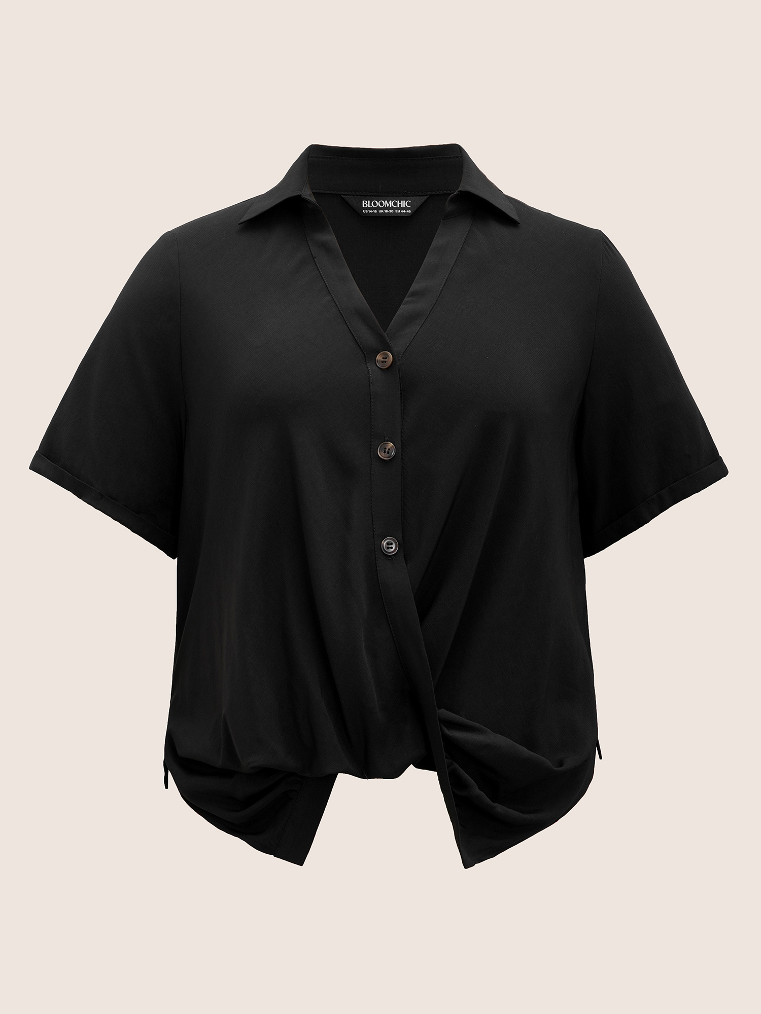 Plus Size Black Shirt Collar Twist Front Button Up Blouse Women At the Office Short sleeve Shirt collar Work Blouses BloomChic 14-16/1X 