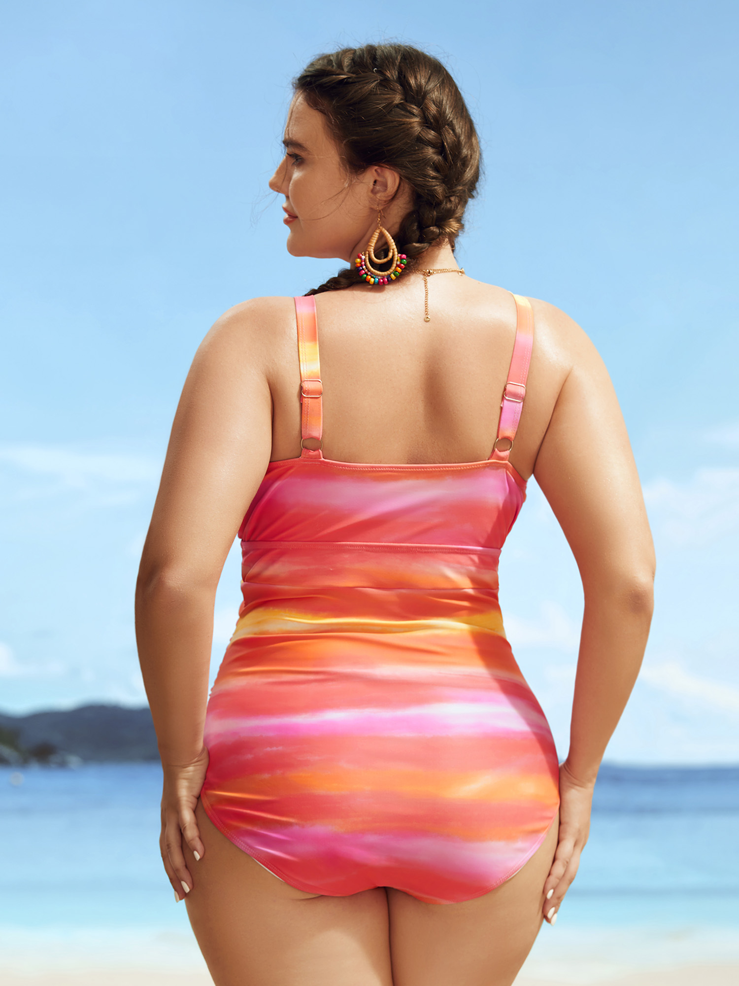 Plus Size Ombre Wrap Ruffle Trim One Piece Swimsuit Women`s Swimwear Multicolor Beach Gathered Curve Bathing Suits High stretch One Pieces BloomChic 22-24/3X 