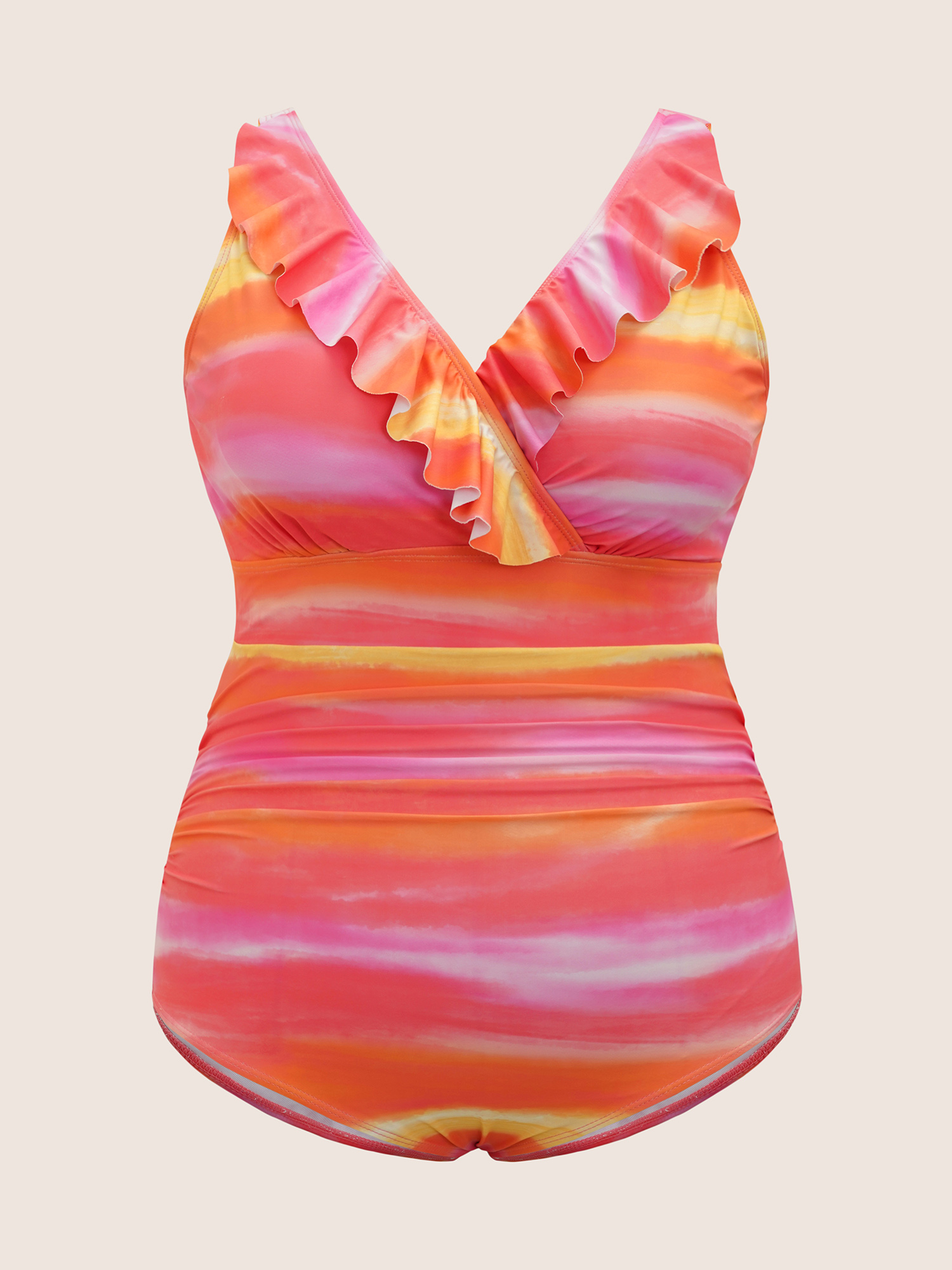 Plus Size Ombre Wrap Ruffle Trim One Piece Swimsuit Women`s Swimwear Multicolor Beach Gathered Curve Bathing Suits High stretch One Pieces BloomChic 22-24/3X 