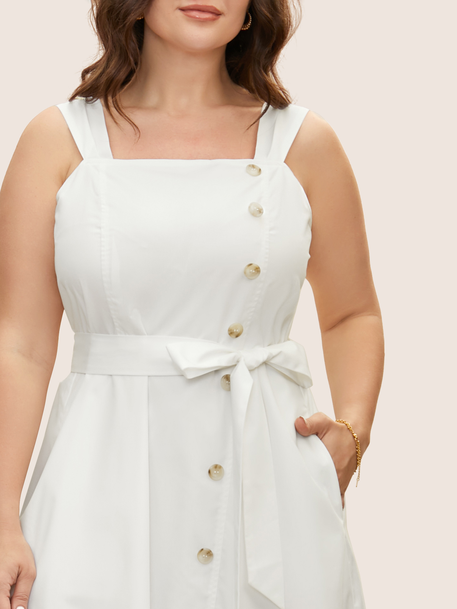 

Plus Size Square Neck Button Detail Split Hem Dress Originalwhite Women Belted Non Sleeveless Curvy BloomChic