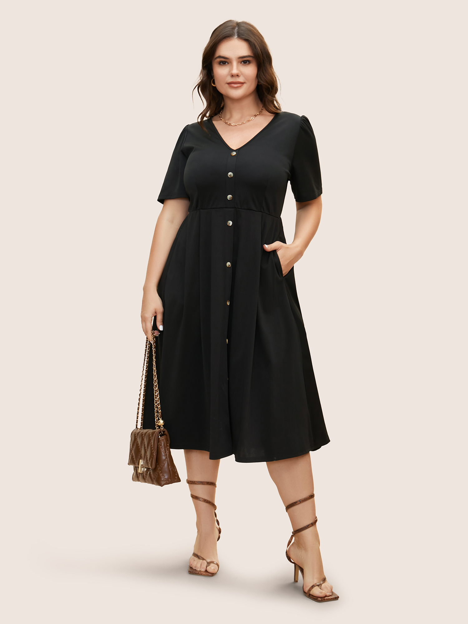 

Plus Size V Neck Button Detail Elastic Waist Midi Dress Black Women Button V-neck Short sleeve Curvy BloomChic