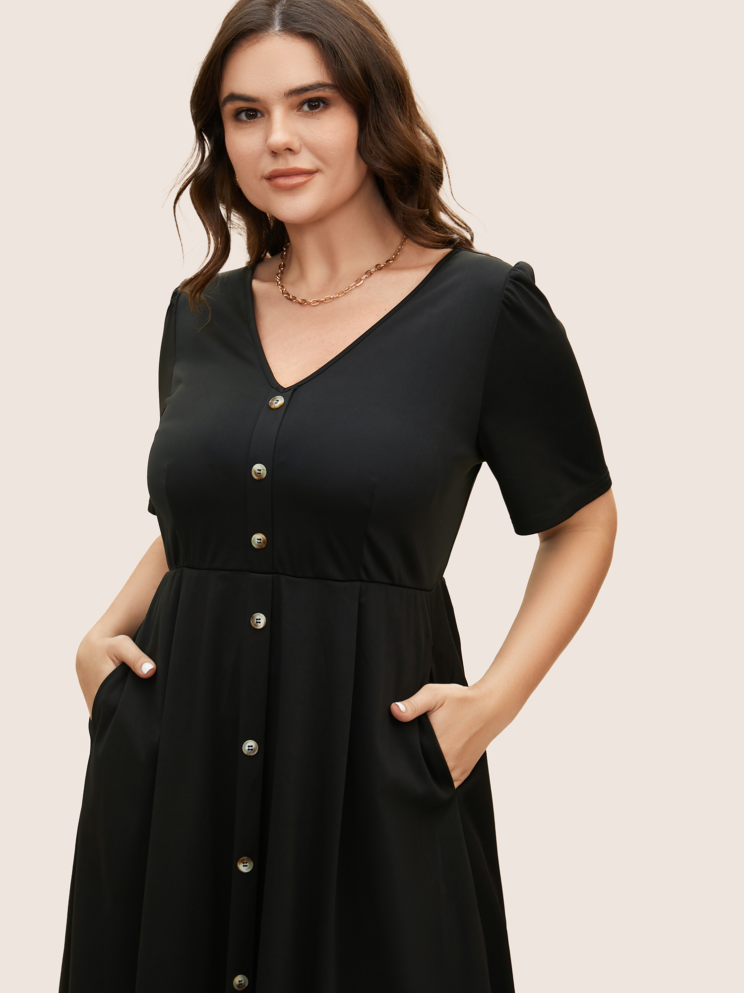 

Plus Size V Neck Button Detail Elastic Waist Midi Dress Black Women Button V-neck Short sleeve Curvy BloomChic