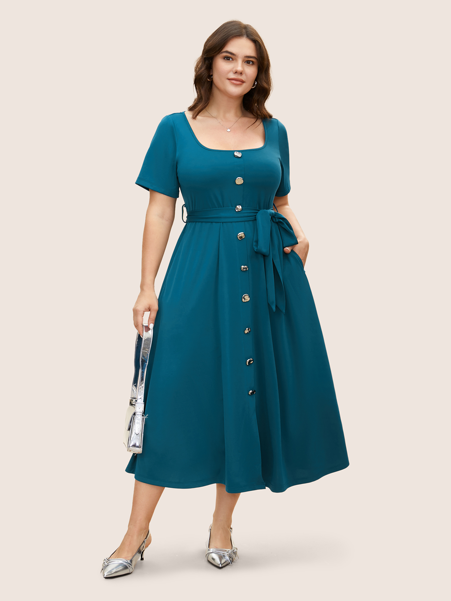 

Plus Size Square Neck Button Detail Belted Dress Cerulean Women Belted Square Neck Short sleeve Curvy BloomChic