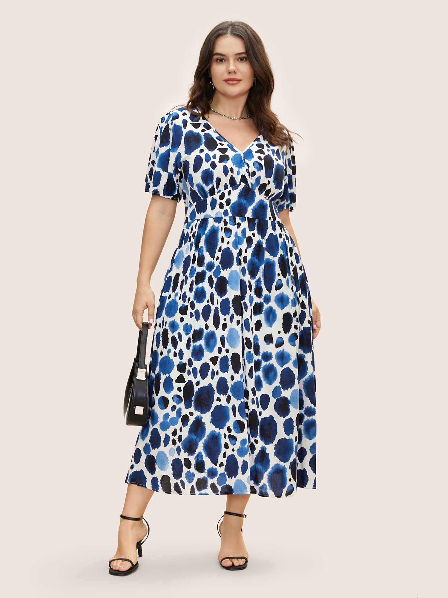 Plus Size Watercolor Polka Dot Wrap Lantern Sleeve Dress Mediumblue Women At the Office Shirred Overlap Collar Short sleeve Curvy BloomChic 14-16/1X 