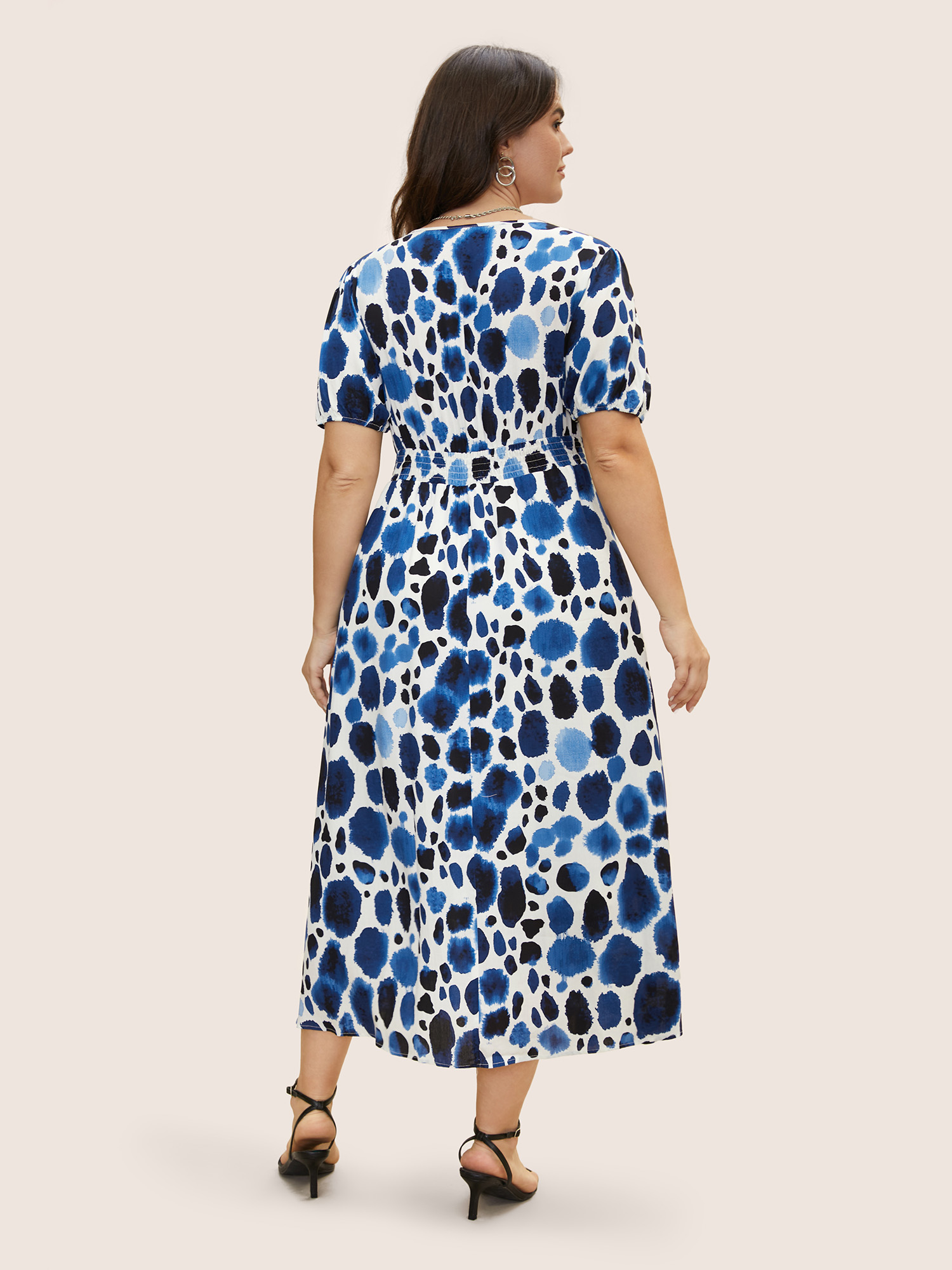 Plus Size Watercolor Polka Dot Wrap Lantern Sleeve Dress Mediumblue Women At the Office Shirred Overlap Collar Short sleeve Curvy BloomChic 14-16/1X 