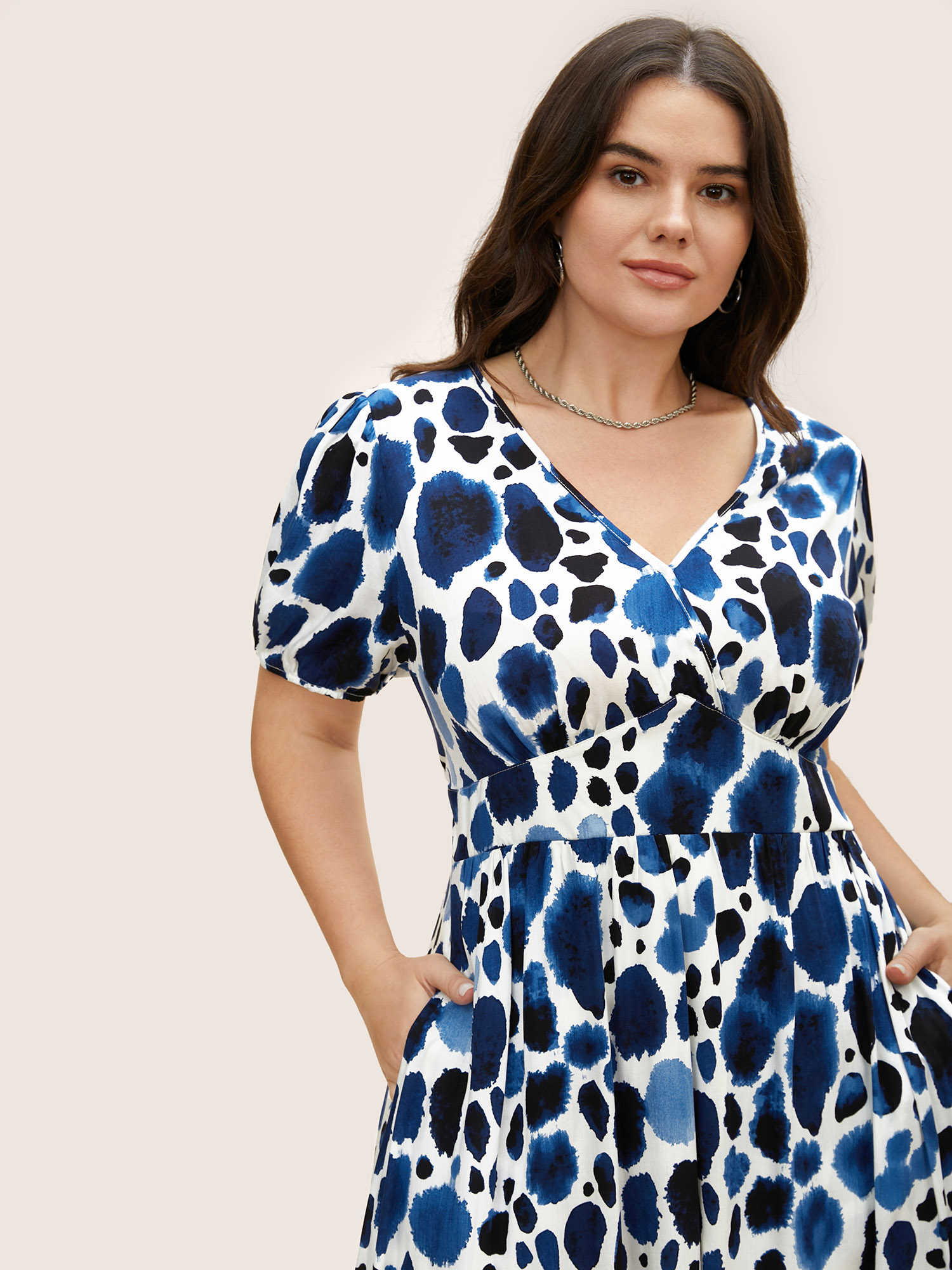 Plus Size Watercolor Polka Dot Wrap Lantern Sleeve Dress Mediumblue Women At the Office Shirred Overlap Collar Short sleeve Curvy BloomChic 14-16/1X 