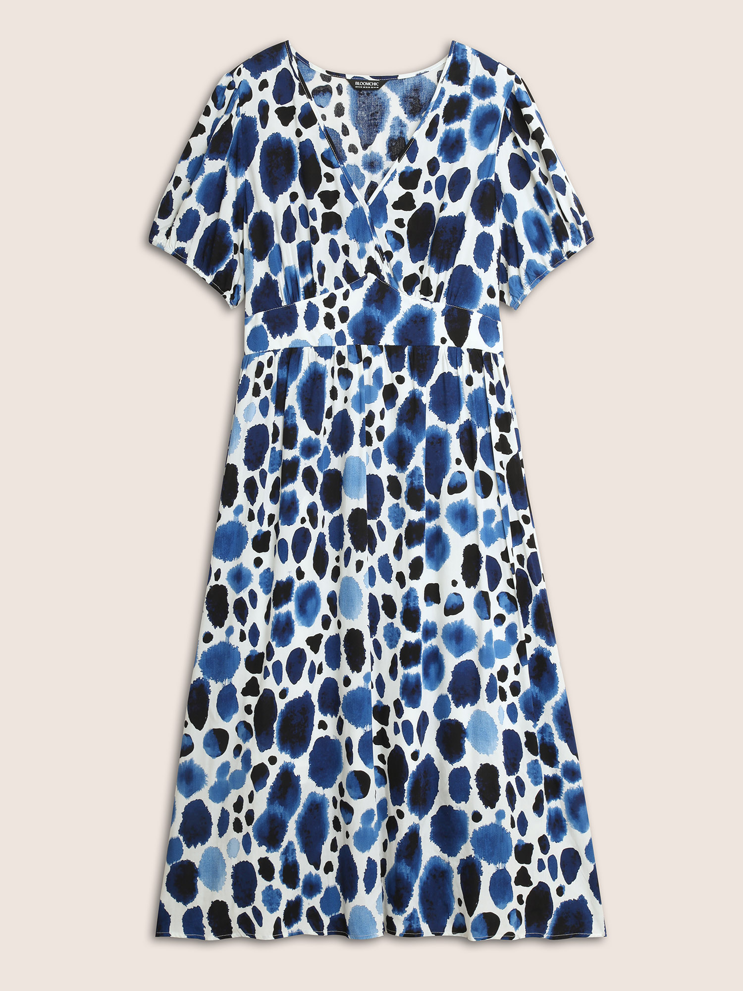 Plus Size Watercolor Polka Dot Wrap Lantern Sleeve Dress Mediumblue Women At the Office Shirred Overlap Collar Short sleeve Curvy BloomChic 14-16/1X 