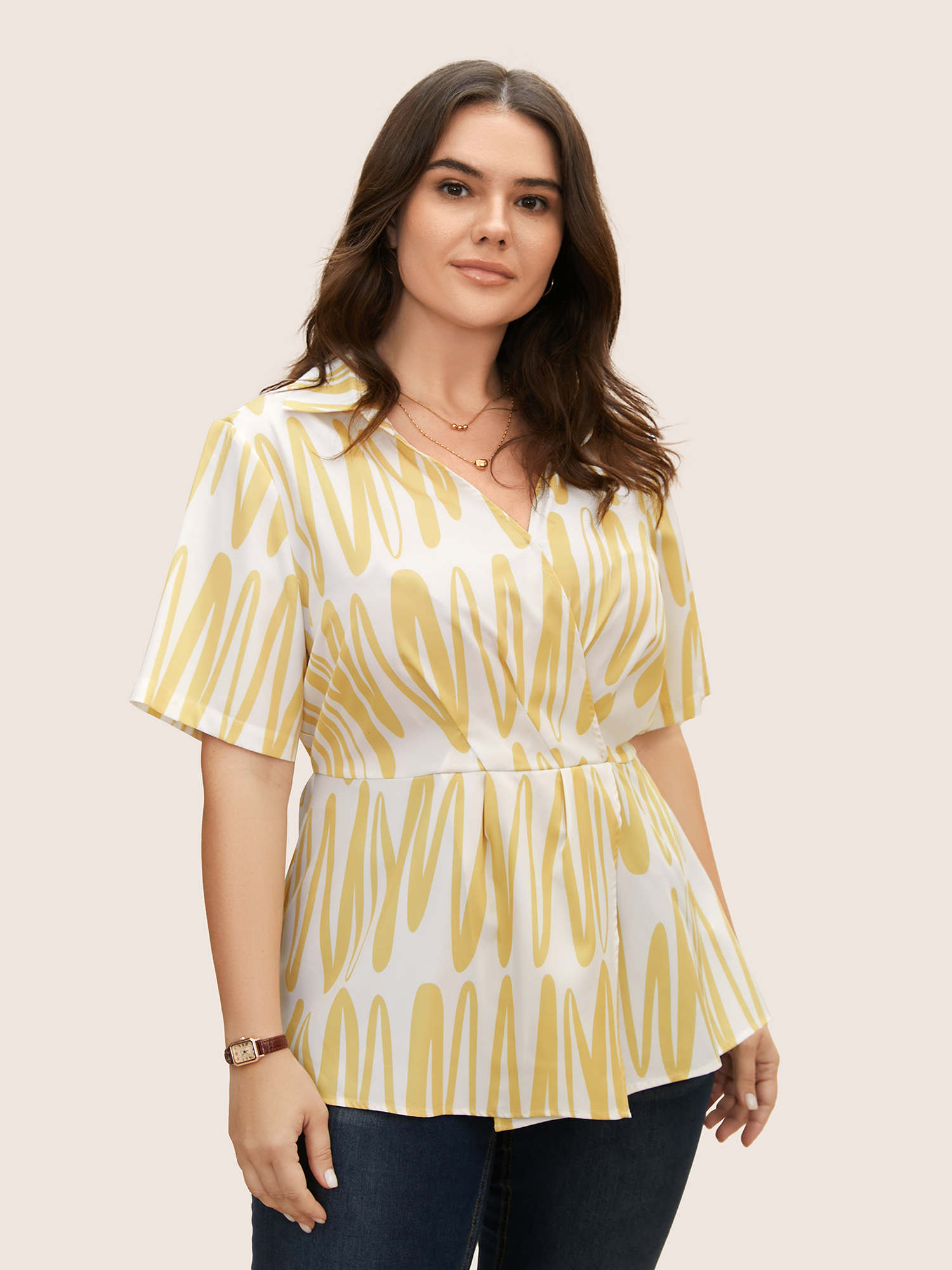 

Plus Size Turmeric Shirt Collar Striped Wrap Pleated Blouse Women At the Office Short sleeve Shirt collar Work Blouses BloomChic