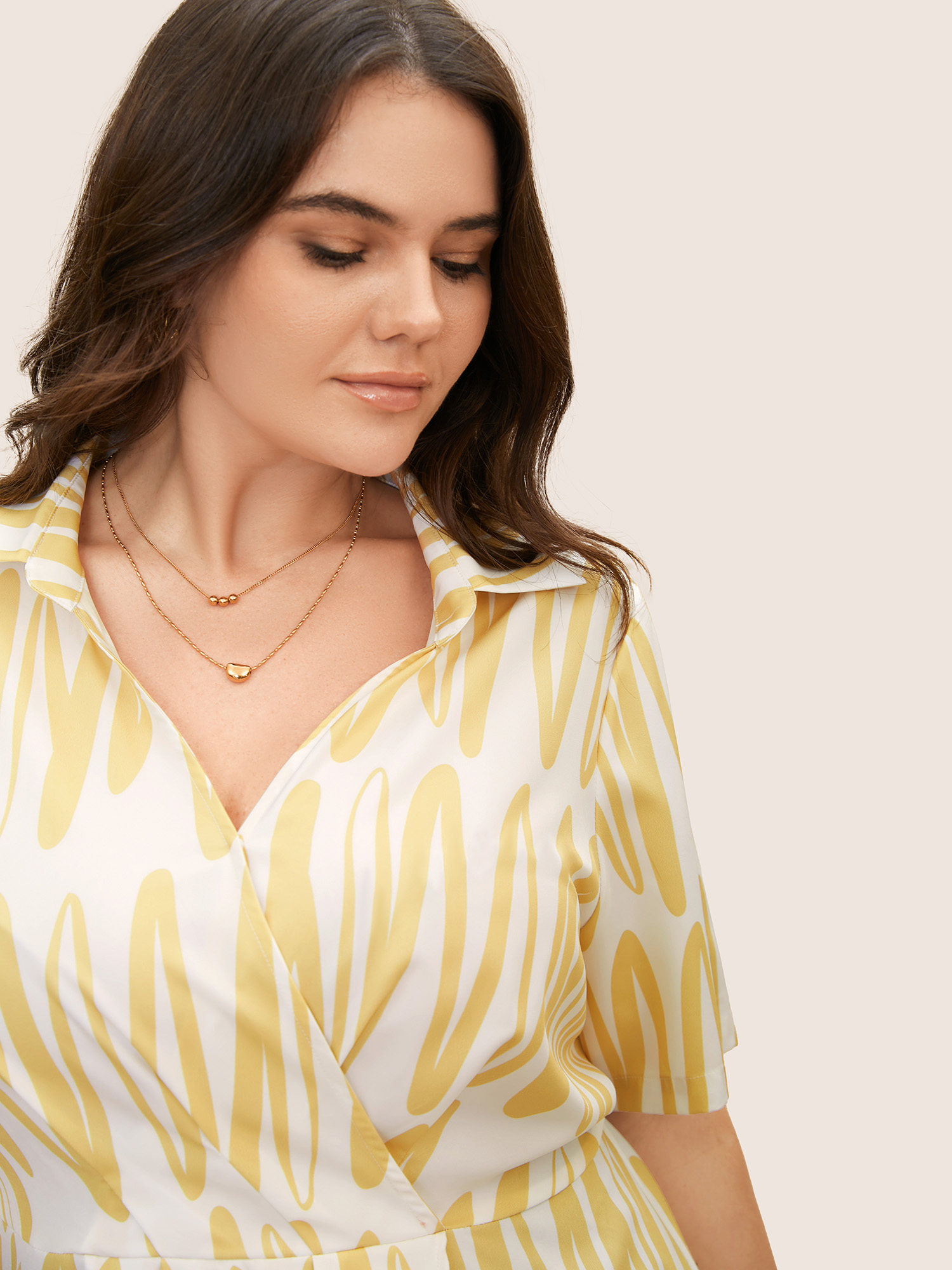 

Plus Size Turmeric Shirt Collar Striped Wrap Pleated Blouse Women At the Office Short sleeve Shirt collar Work Blouses BloomChic